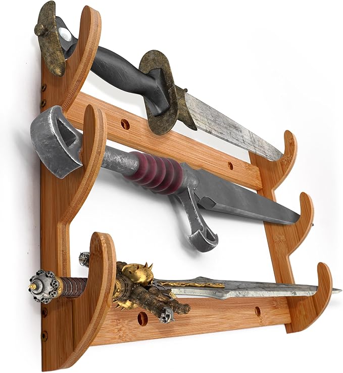 Wall Sword Holder 3 Tier - Bamboo Katana Wall Mount - Sword Mount for Secure Blade Display - Protects Swords, Easy Installation, Space-Saving Design for Home Decor