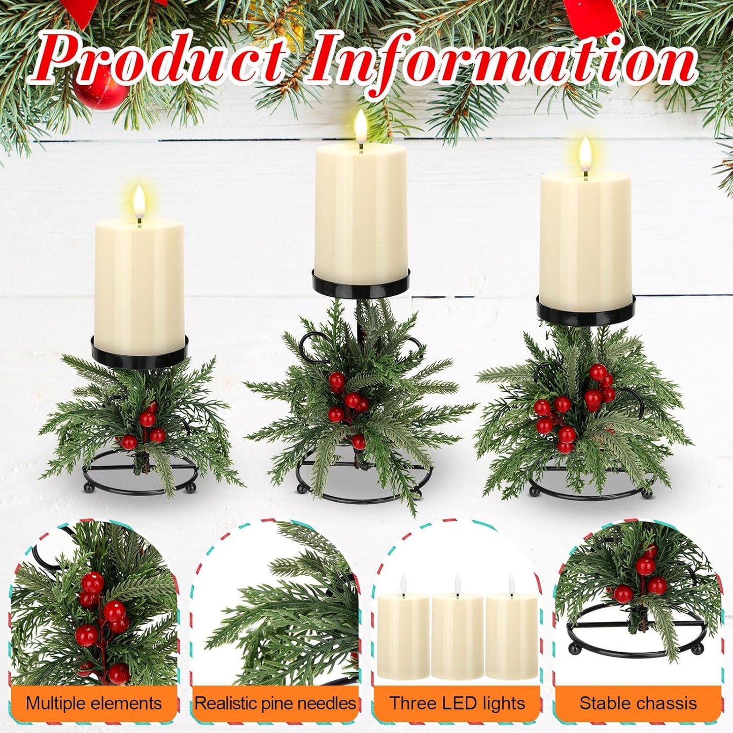 Yunlly Christmas Candle Holder Set - 3 LED Battery Operated Centerpieces | Norfolk Pine Needle Decor