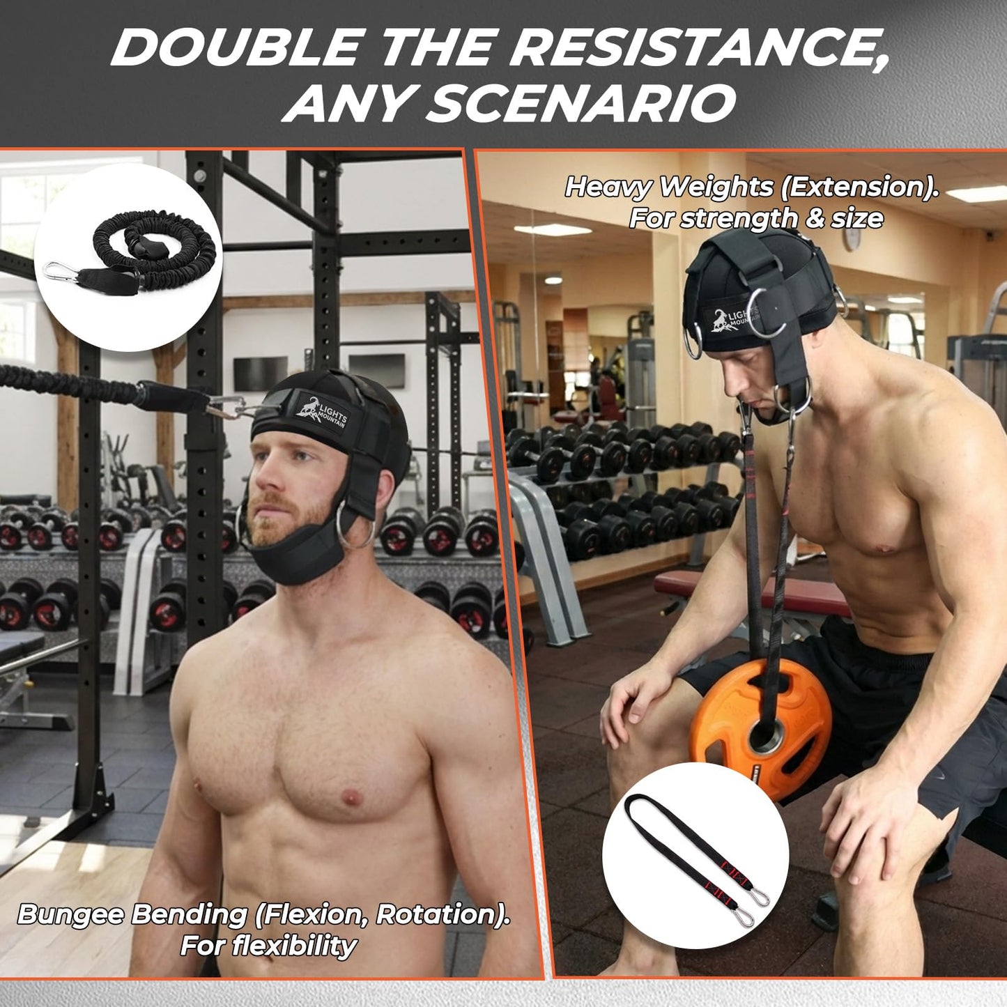 Lights Mountain Adjustable Neck Harness for Weight Training with 6 D-Rings, Includes Skull Cap, Resistance Band & Loading Strap - Adjustable Head Harness for Neck Strengthening & Resistance Workout