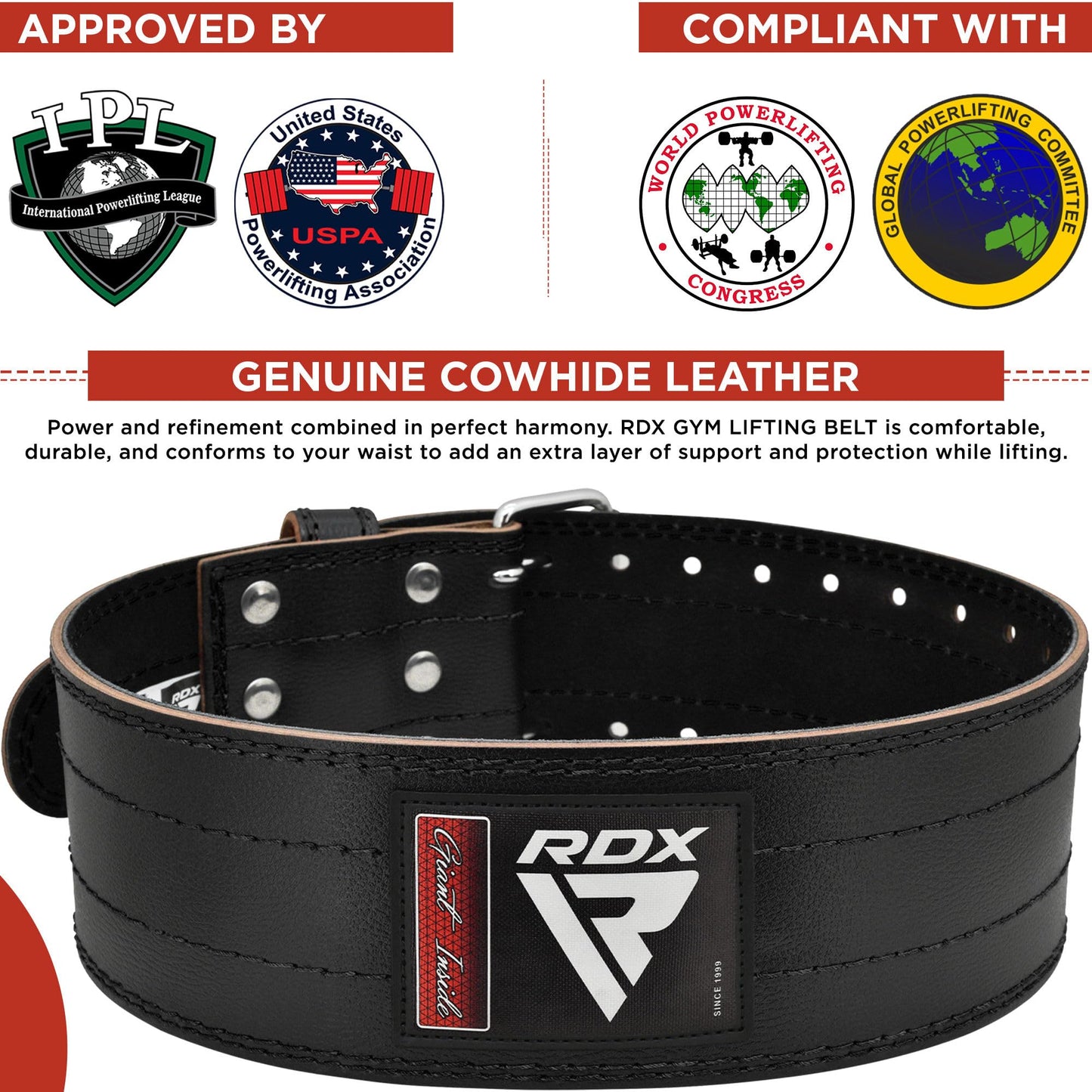 RDX Weight Lifting Belt for Men Women, IPL USPA Approved, 6mm Thick 100% Leather, 4” Powerlifting Back Support, Squat Deadlift Bodybuilding Exercise Fitness Gym Workout Strength Training up to 700 LBS