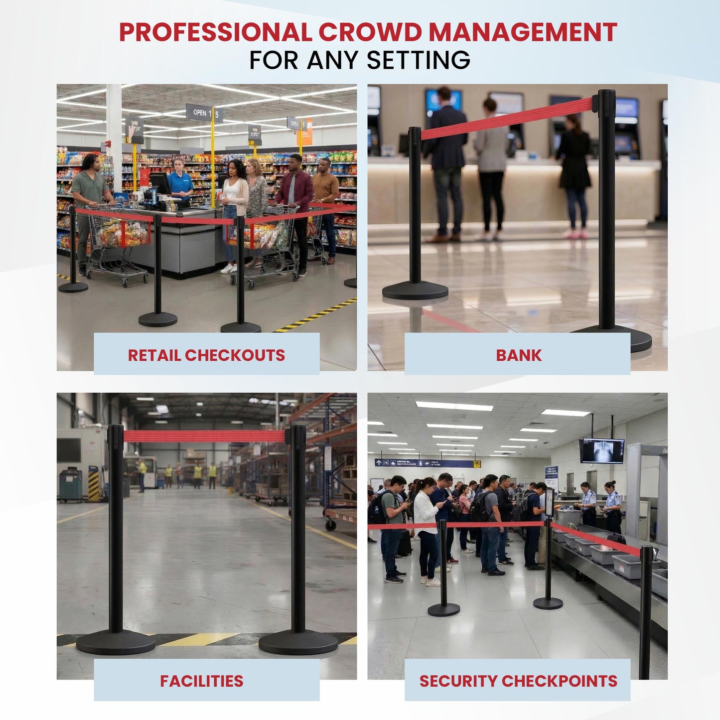 Crowd Control Warehouse Set of 2 Stanchion Retractable Belt Barriers, 11 Foot Red Belt Barrier with 40” Black Posts, Premium Crowd Control Barriers with Heavy Duty Concrete Base, CCW Series RBB-100