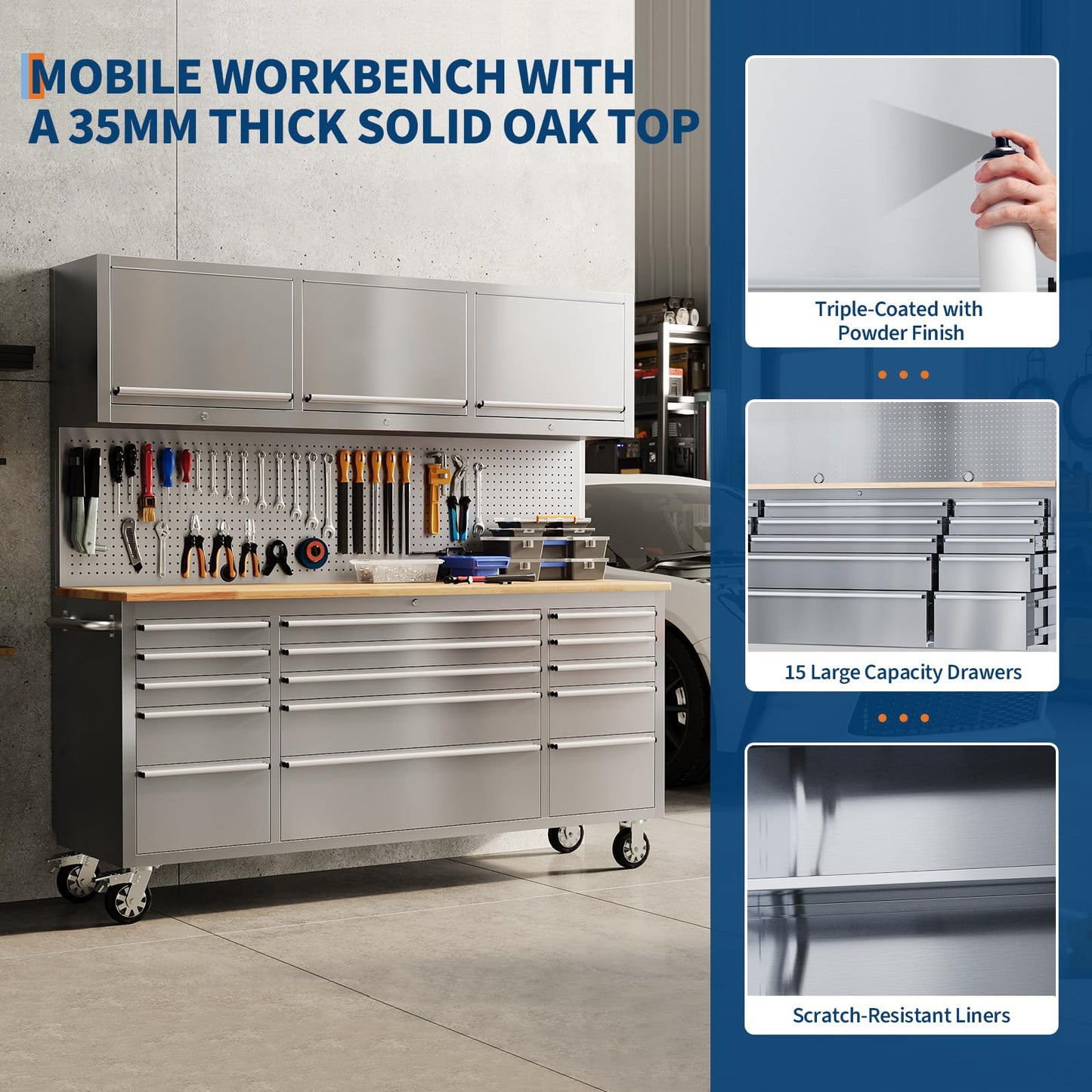 GarveeTech 72-Inch Heavy-Duty Rolling Tool Chest & Mobile Workbench, 15 Drawers & 3 Top Cabinets, Rubber Wood Tabletop, Key Locking System, Drawer Liners, Wheels, Steel Storage Cabinet for Garage