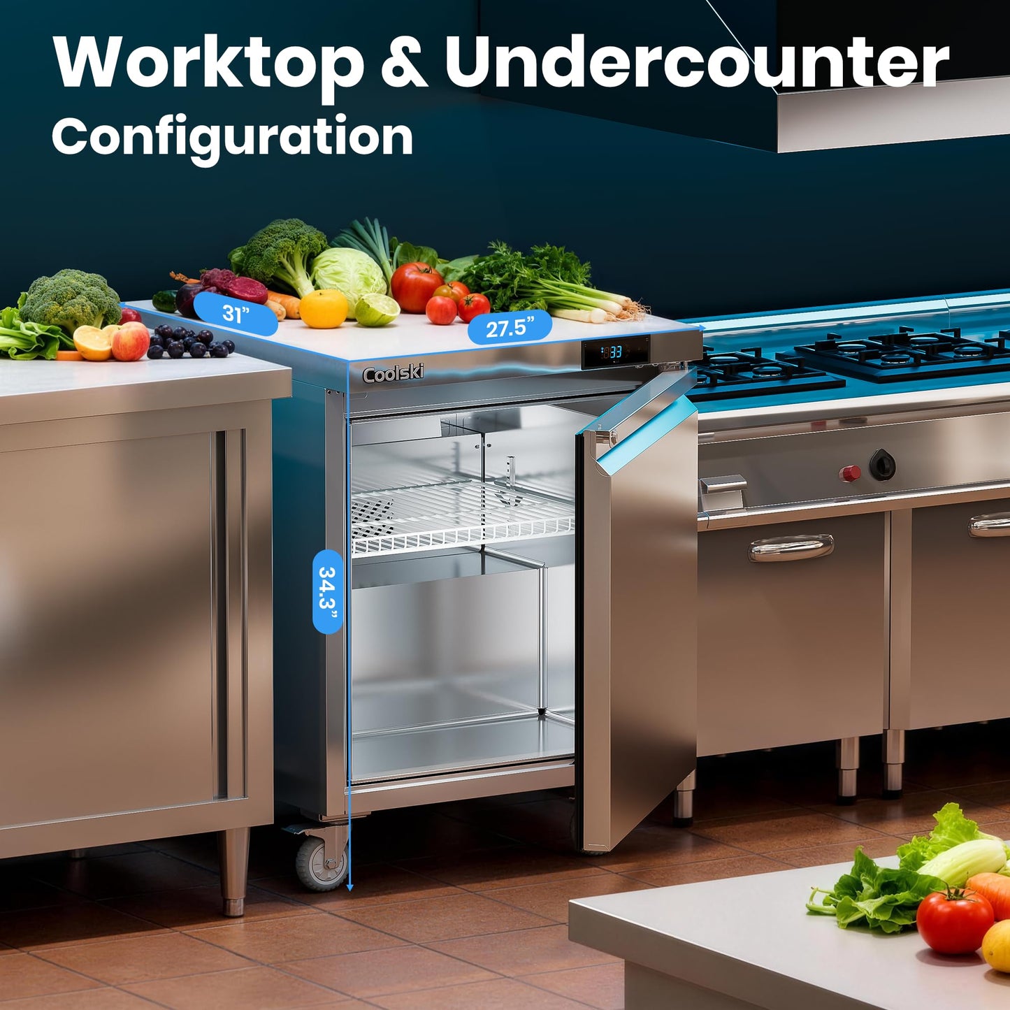 Coolski 27”W Commercial Undercounter Refrigerator, 7.5 Cu.ft. Freestanding Stainless Steel, Single Door Under Counter Industrial Worktop Fridge for Restaurant, Bar, Shop, Kitchen Use