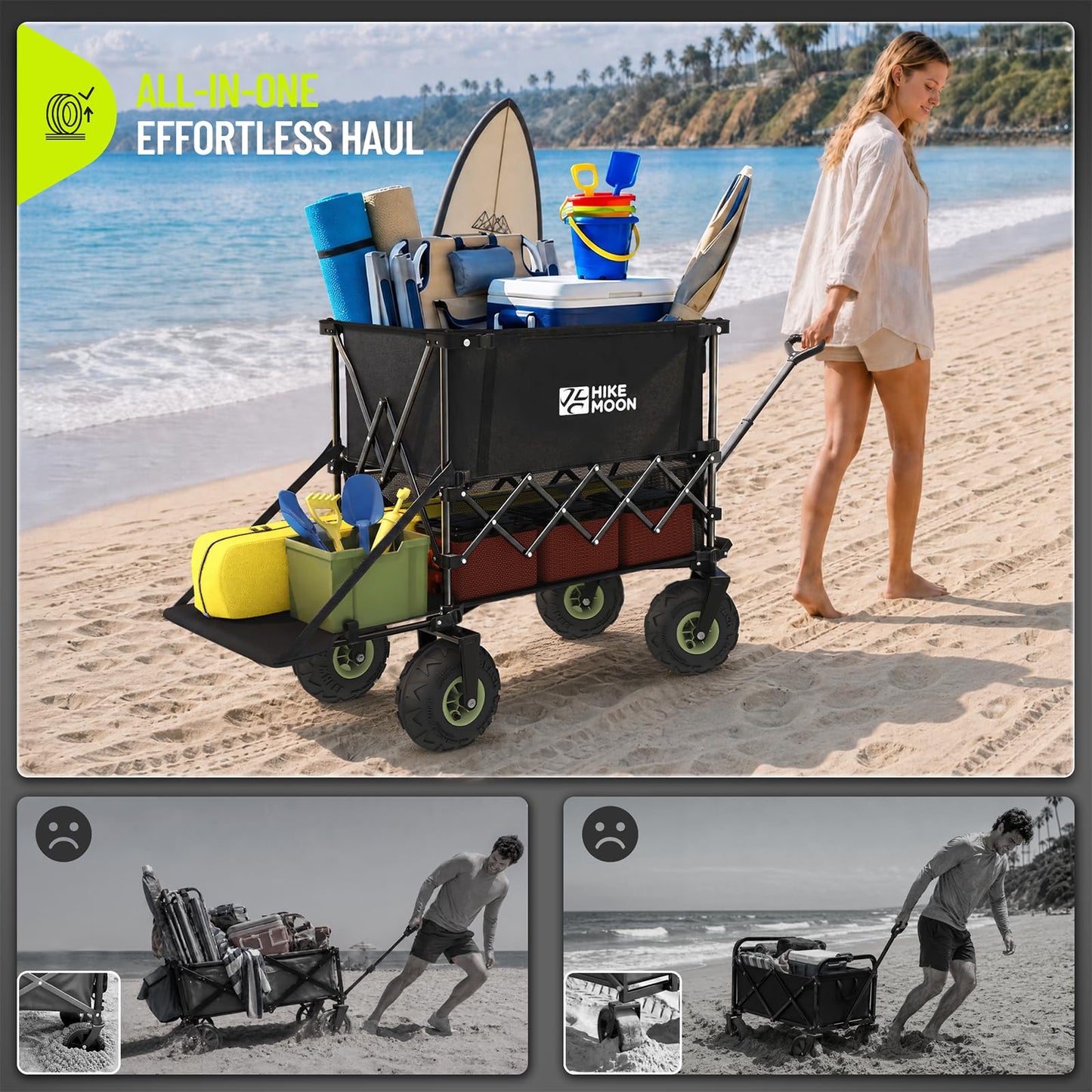 Hikemoon Double Decker Beach Wagon with 10" Big Balloon Wheels for Sand, 54'' Extra Long 560LBS Heavy Duty Wagons Carts Foldable, 400L Large All-Terrain Collapsible Folding Cart for Outdoors, Black
