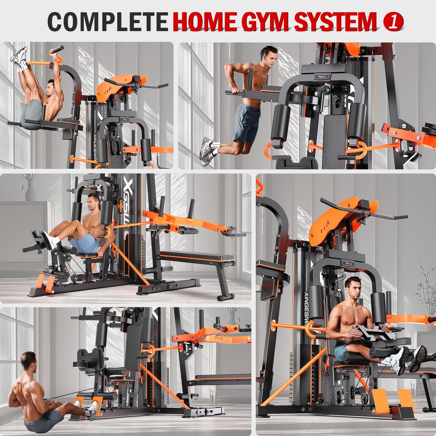 XGSW Multi-Function Home Gym Workout Station, Featuring a Pulley System, arm Trainer, and Leg Trainer for Full-Body Workouts. (L03-3【154LBS】 Three-Person Fitness Station Only)