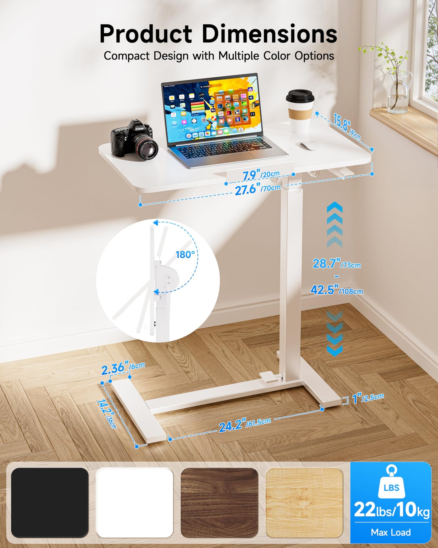 BIZUM Mobile Standing Desk Laptop Desk Pneumatic with Wheels 180° Tilt Top Hospital Bed Table Portable Rolling Cart Foldable Bedside Table for Hospital&Home Use, White