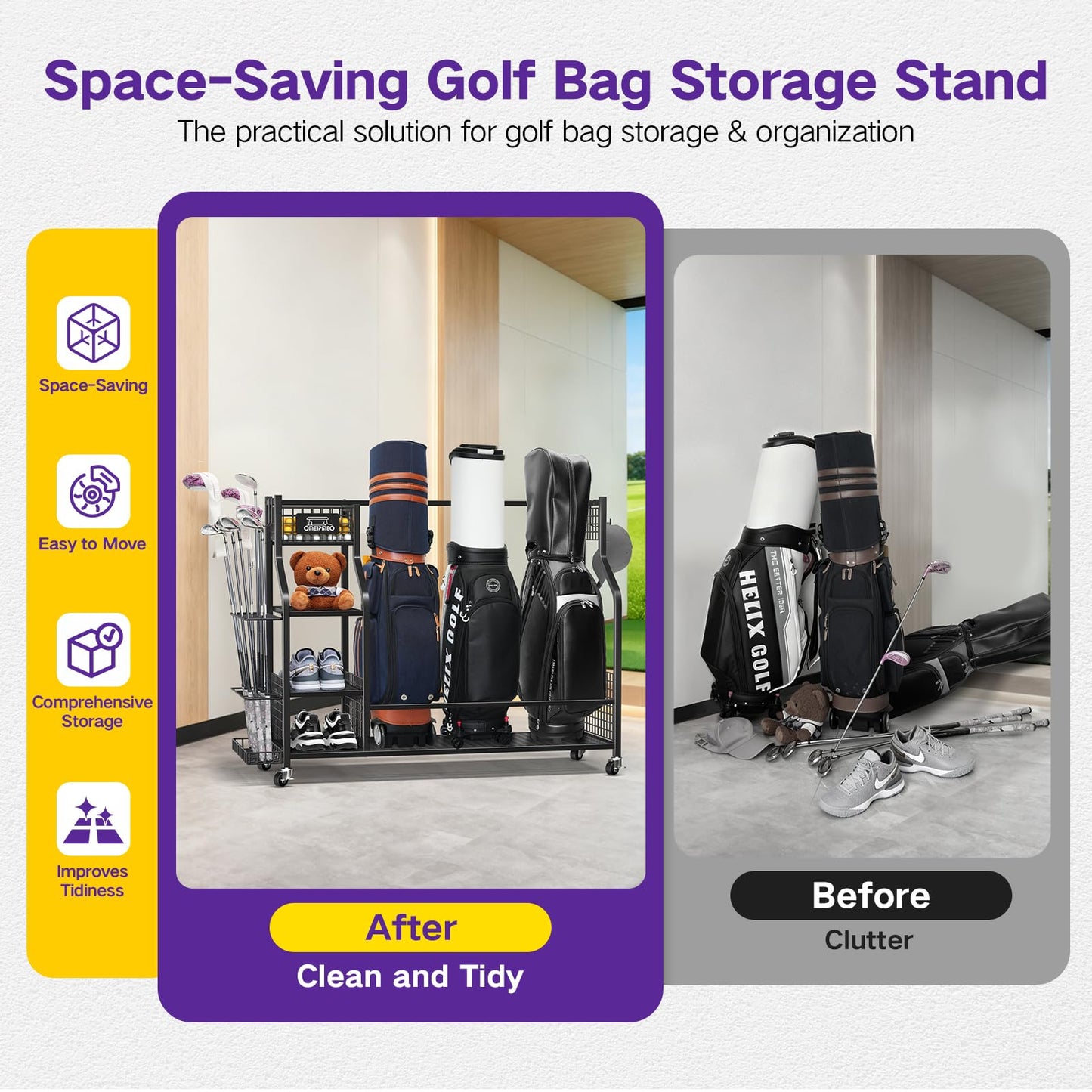Golf Bag Storage Garage Organizer, Golf Bag Storage Stand and Other Golfing Equipment Accessories Rack, 3 Golf Bag Storage Rack with Wheels, Golf Organizer for Home, Garage, Club, Shed, Basement