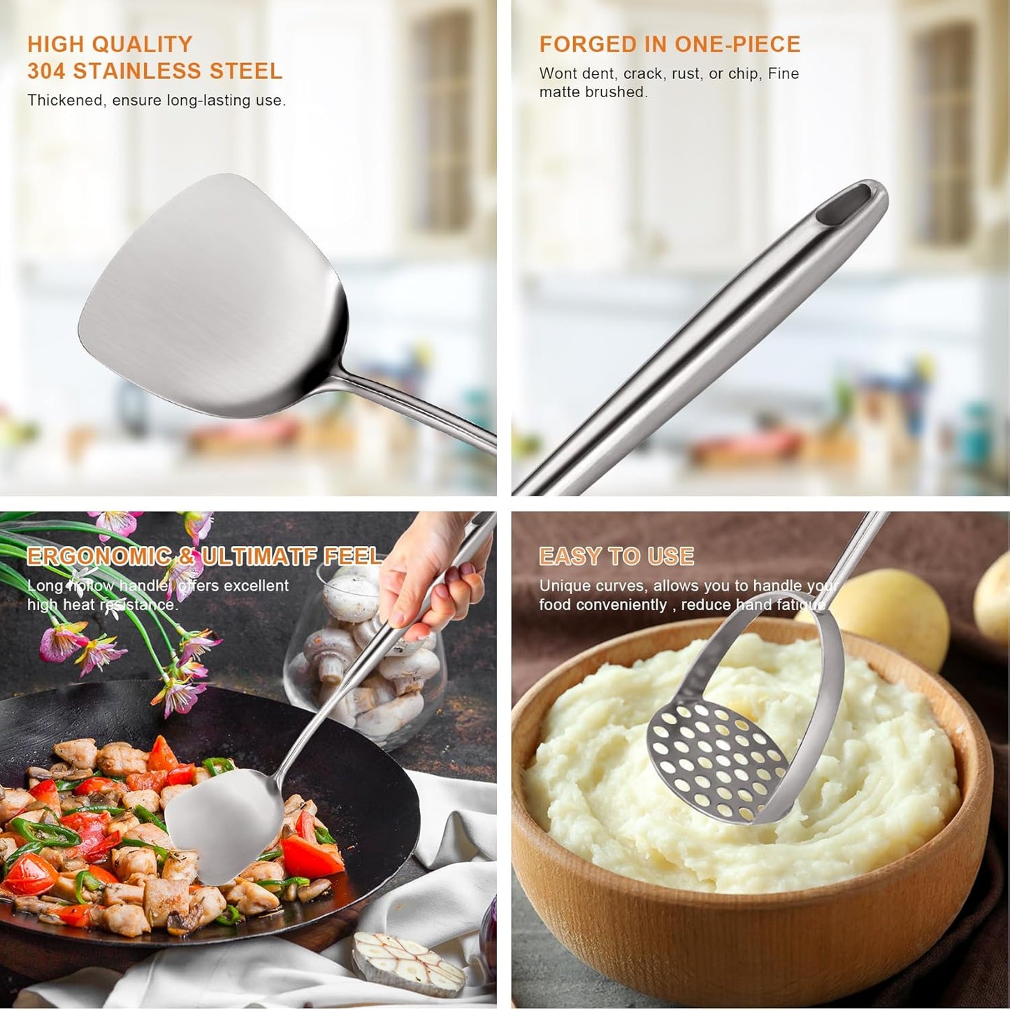 Stainless Steel Kitchen Utensils Set - 12 PCS Durable Cooking Tools for Effortless Meal Prep