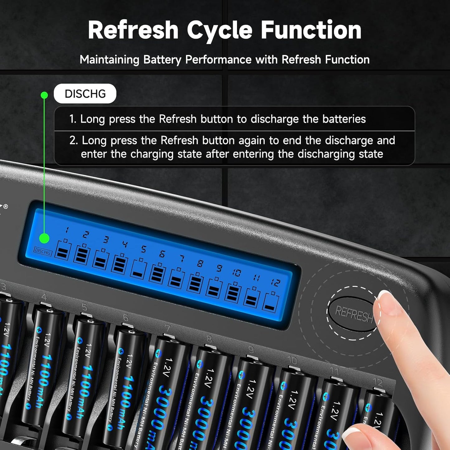 CITYORK 12 1.2V Bay AA AAA Battery Charger with Refresh Function, Smart LCD Display Battery Charger for Ni-MH/Ni-CD AA