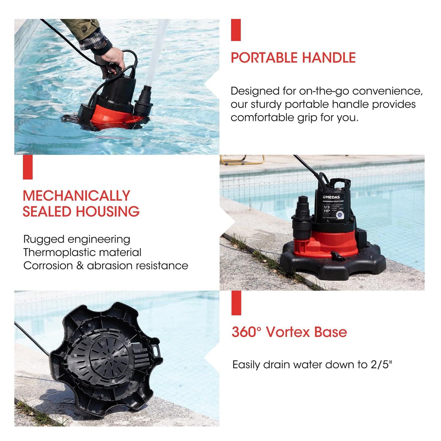 MEDAS Auto On/Off Portable Pool Cover Pump for Swimming Pool, Garden Pond, Basement Water Removal with 33ft Power Cord 1/3HP