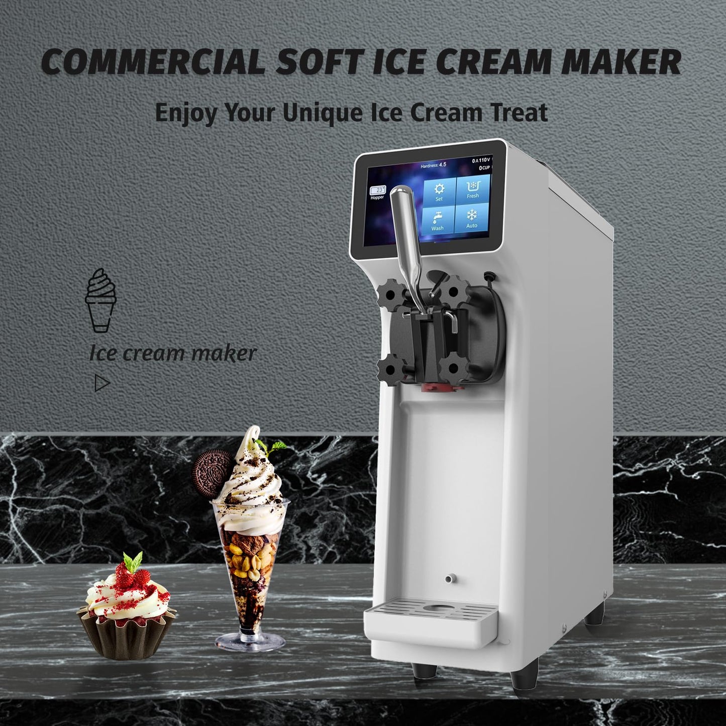 AnyDoor Commercial Ice Cream Maker Machine 1000W 2.7 to 4 Gal/H Single Flavor Soft Serve Ice Cream Machine Pre-cooling Auto Clean LCD Touch Screen Soft Serve Maker for Snack Bar Restaurants