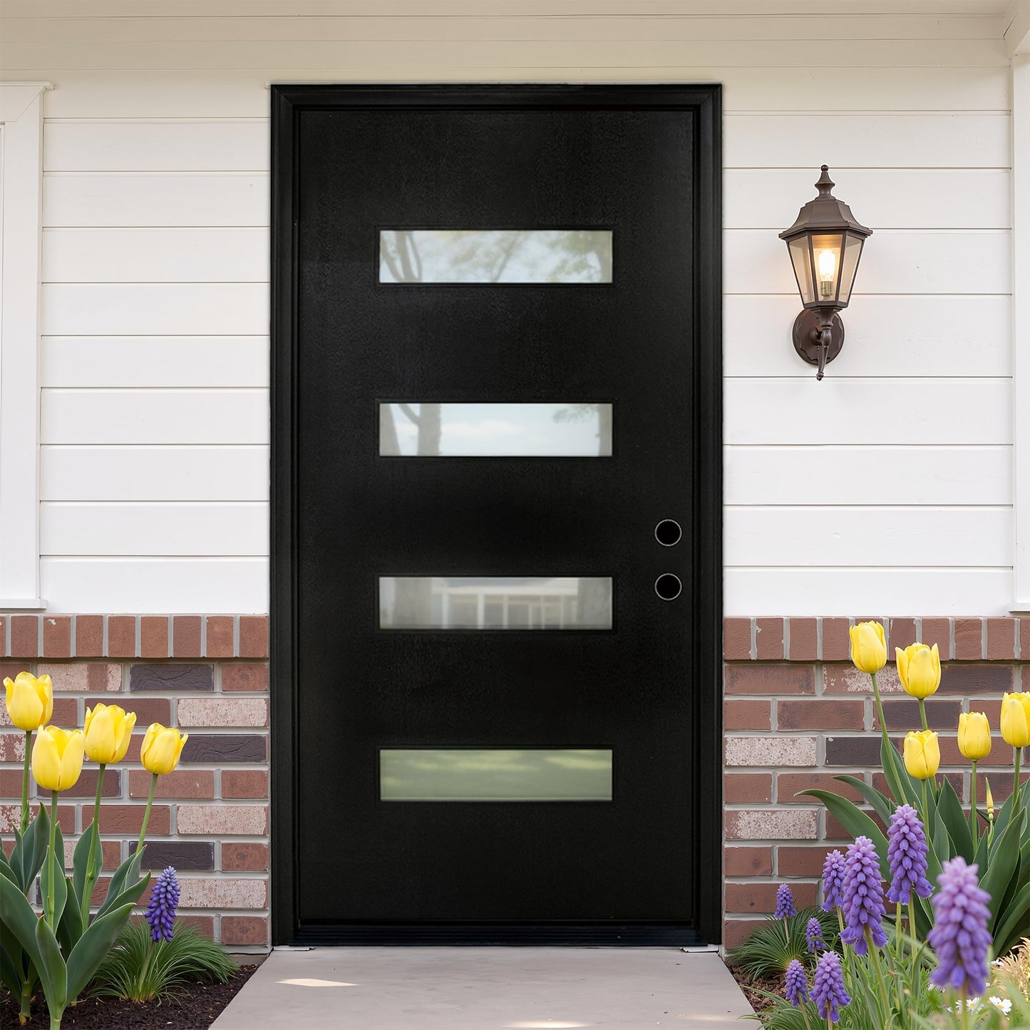 Casaphoria 36" x 80" Fiberglass Front Door with White 4-9/16" Vinyl Frame,Left Hand Inswing Exterior Door with Brickmould,Contemporary Wooden Grain Knock-Down Entry Door for Home Entrance, Black