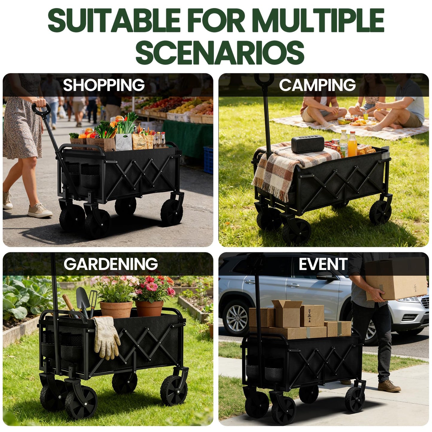 Foldable Wagon, Collapsible Wagon with Wheels, Small Wagons Cart with Flexible Handle, Portable Grocery Utility Wagons for Camping, Garden, Sports, Black
