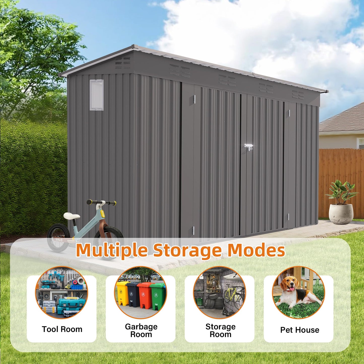 Outdoor Metal Storage Shed, Galvanized Steel Garden Shed with Sloped Roof & Vents, Waterproof Rust-Resistant Backyard Tool Shed for Patio Lawn Garden Trash Can Storage, Easy Assembly