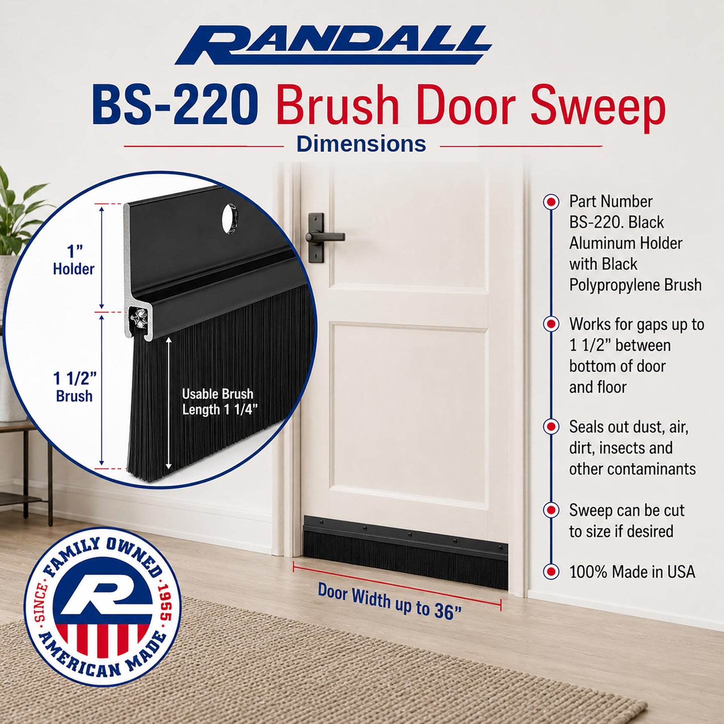 3 FT Black Aluminum Door Sweep with Black Brush Seal | Fills Gaps Up to 1 1/2” | Pre-Drilled with Matching Color Screws Included | Draft Stopper, Dust & Debris Blocker | Made in USA
