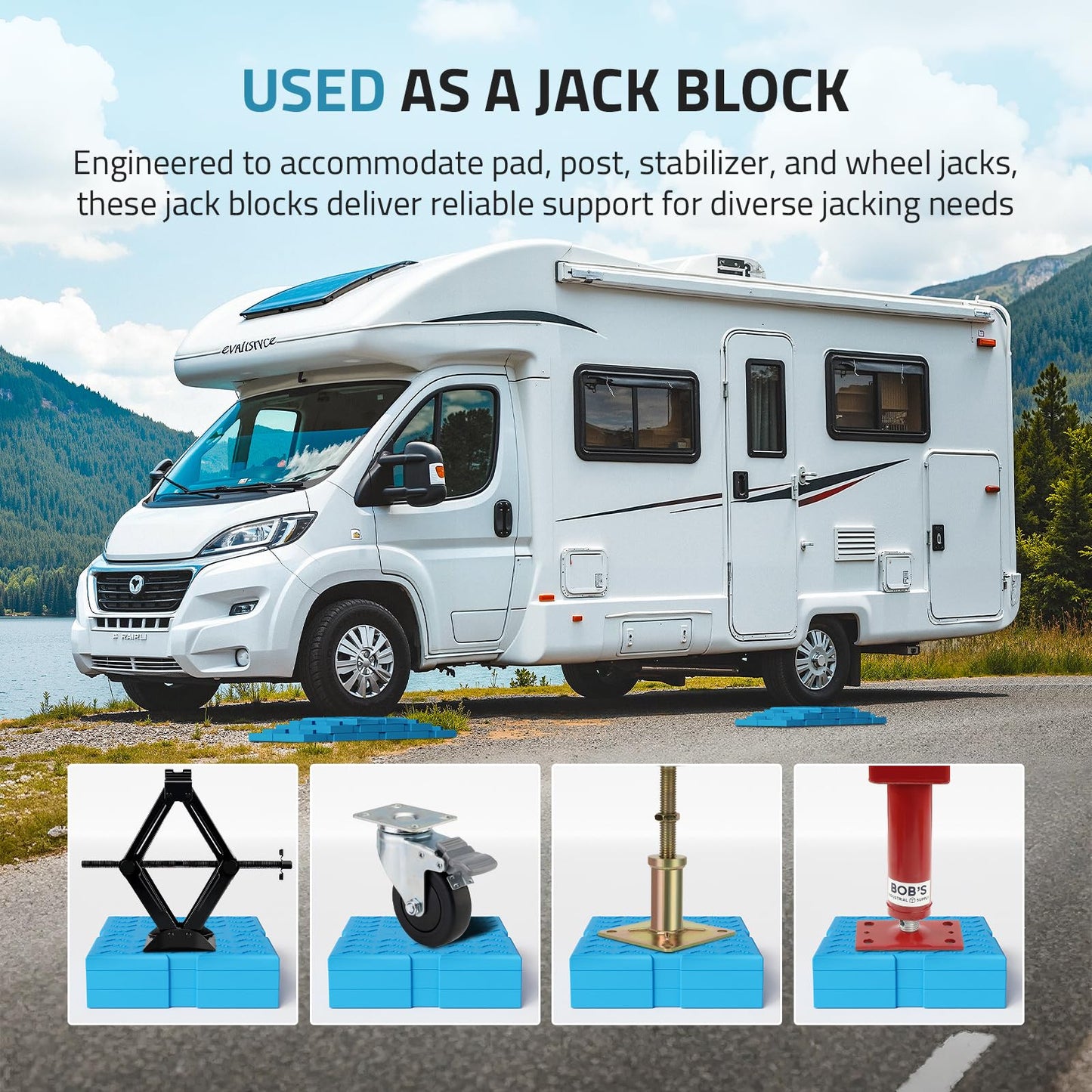 PAULINN RV Leveling Blocks 12 Pack, Heavy Duty Camper Leveling Blocks with 2 Velcro Straps, Interlocking Sturdy RV Blocks for Single & Dual Wheels, Stackable Jack Blocks, Customizable Height, Blue
