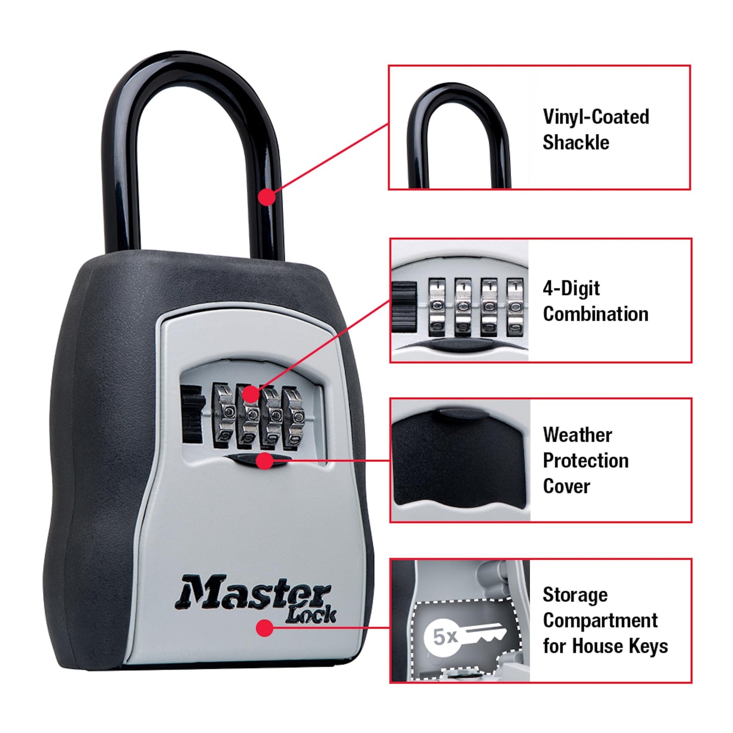 Master Lock Key Lock Box for House Keys – Outdoor Portable Combination Lockbox with Resettable 4 Digit Code, Weather Resistant Durable Metal Body, Holds 5 Keys, 5400D Black