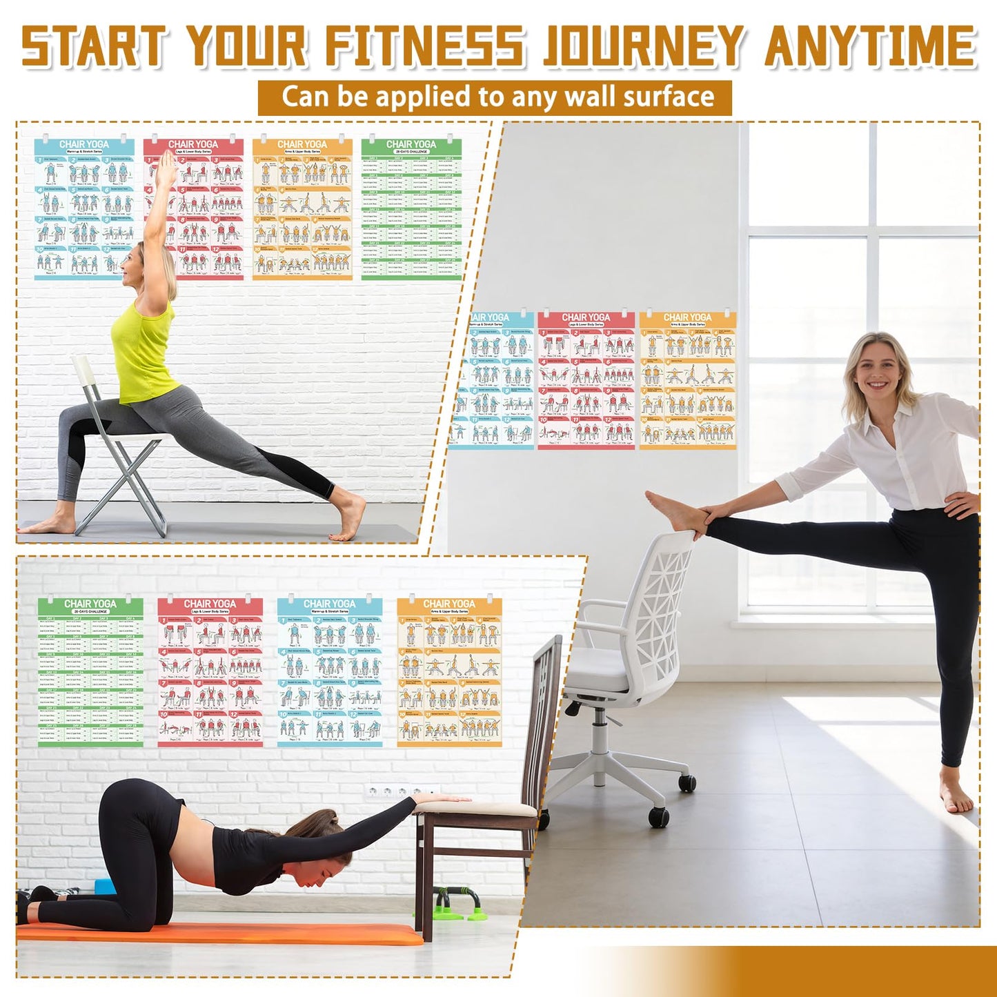 Chair Yoga Poster Set for Seniors & Beginners-3 Illustrated Guides,1 28-Day Challenges, 8 Double-Sided Clips &1 Dry-Erase Marker, 36 Poses Wall Chart Includes Postures, Instructions & Breathing Tips