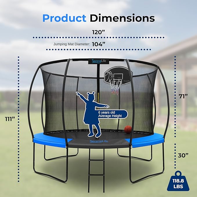 SereneLife 8FT 10FT 12FT 14FT Outdoor Trampoline for Kids - Recreational Backyard Trampoline with Curved Safety Poles, Net Enclosure, Ladder & Basketball Hoop - ASTM Approval for Kids Adults