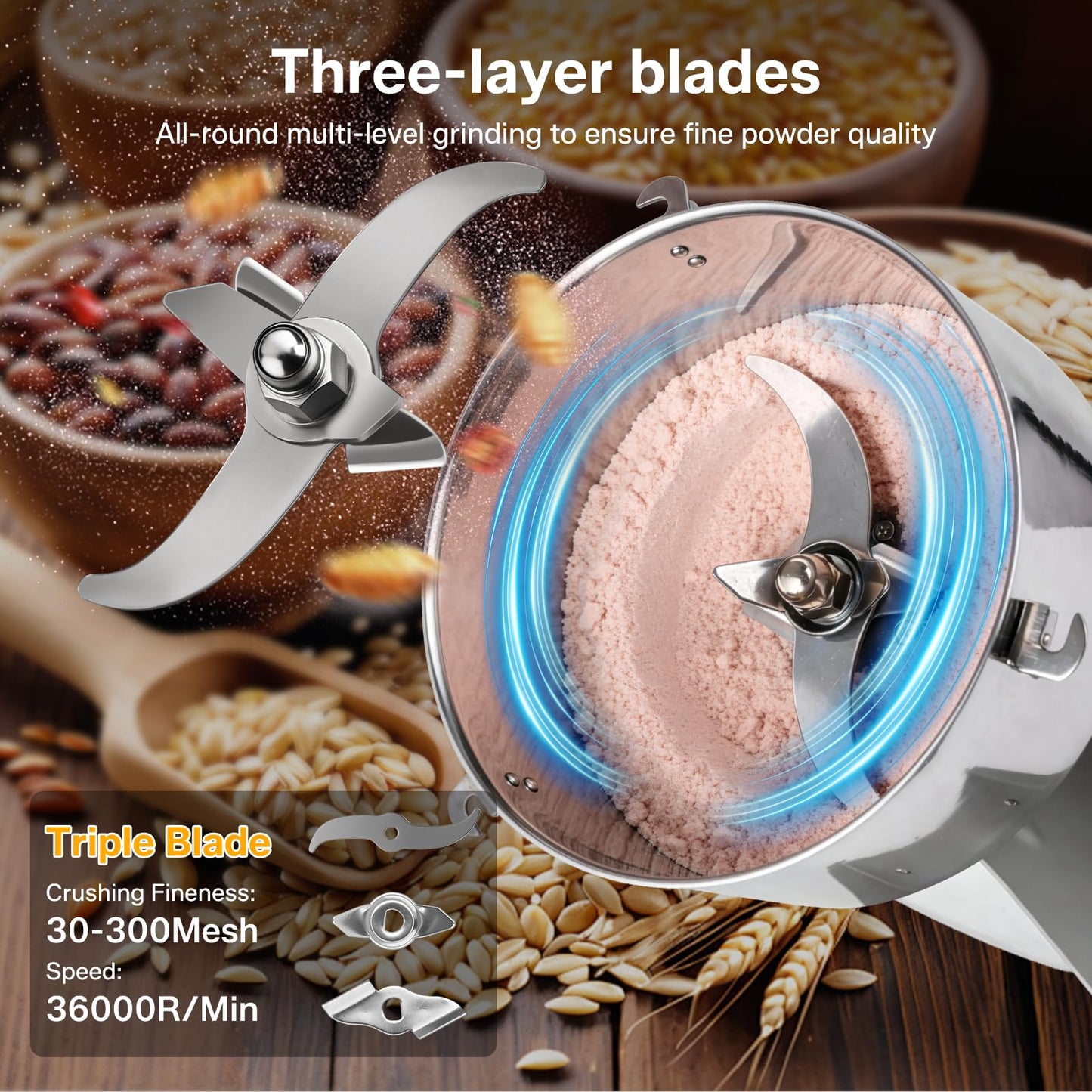 Jivoxia 3000G Grain Mill, 3600W Flour Mill Grinder for Home, 36000 RPM Electric Stainless Steel Grinder for Commercial & Kitchen Use, 270° Swivel for Soybean, Millet, Coffee and Other Dry Foods
