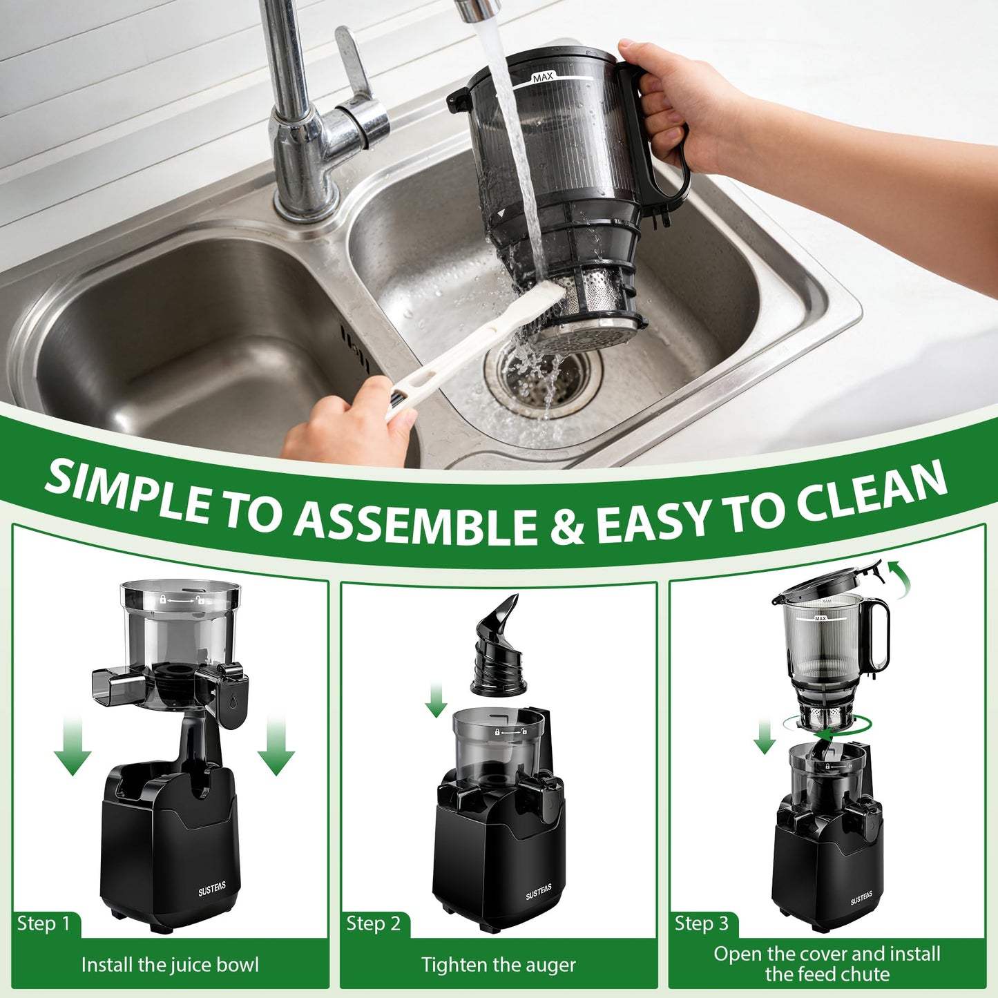 SUSTEAS Juicer Machines with 5.3" Extra Wide Chute,Cold Press Juicer for Whole Fruits & Vegetables, 64oz Capacity Juice Extractor 250W, Easy to Clean, High Juice Yield, Home Juicer, Premium Black