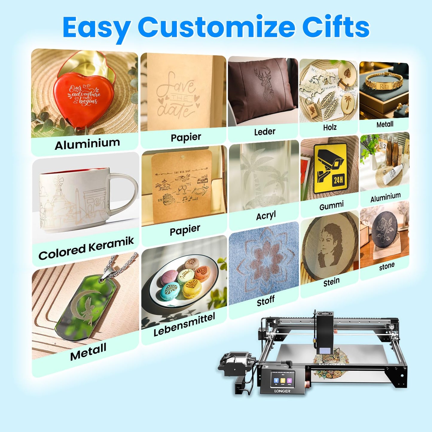 Longer RAY5 40W Laser Engraver Offers 24,000 mm/min Speed with air Assist, 3.5" Touchscreen, and Offline app Control for Precise Engraving on Multiple Materials. Class 4.