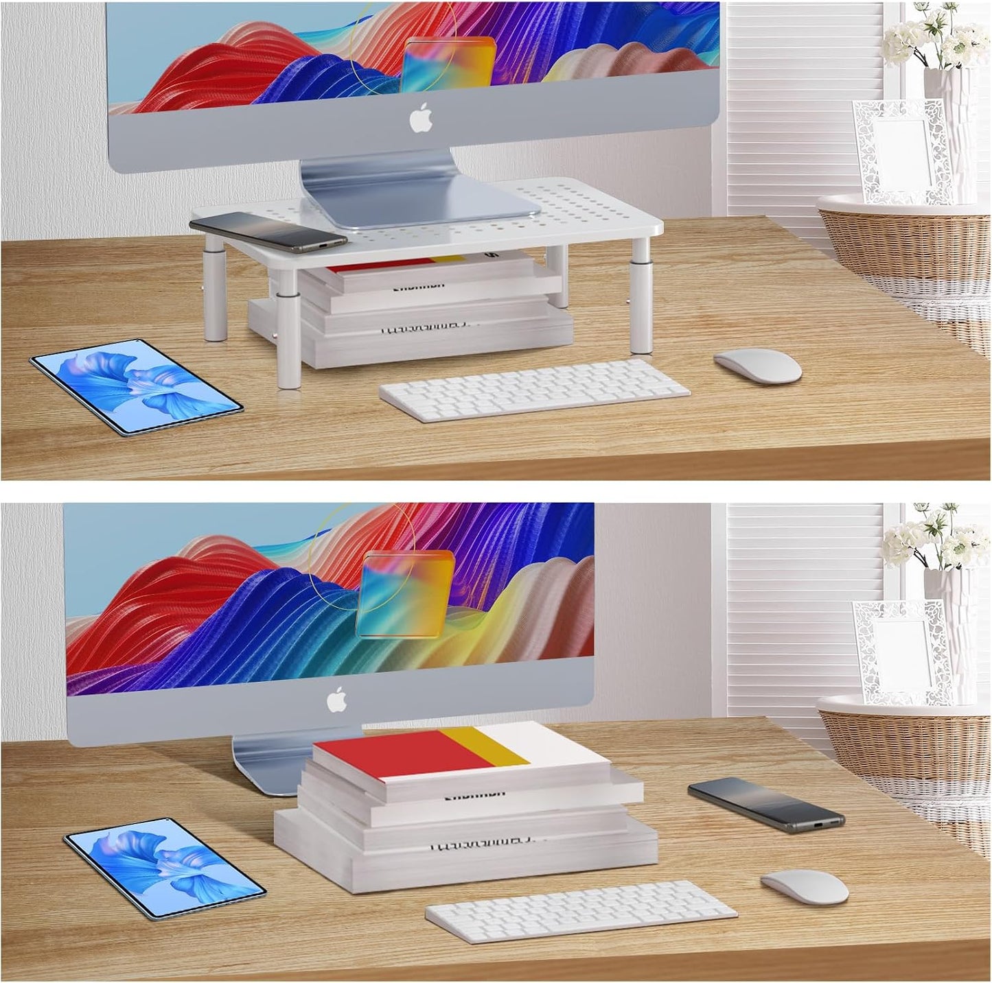3 PS4, 20KG,White Bracwiser Monitor Stand Riser, Metal Computer Stand, Height Adjustable Screen Riser with Mesh