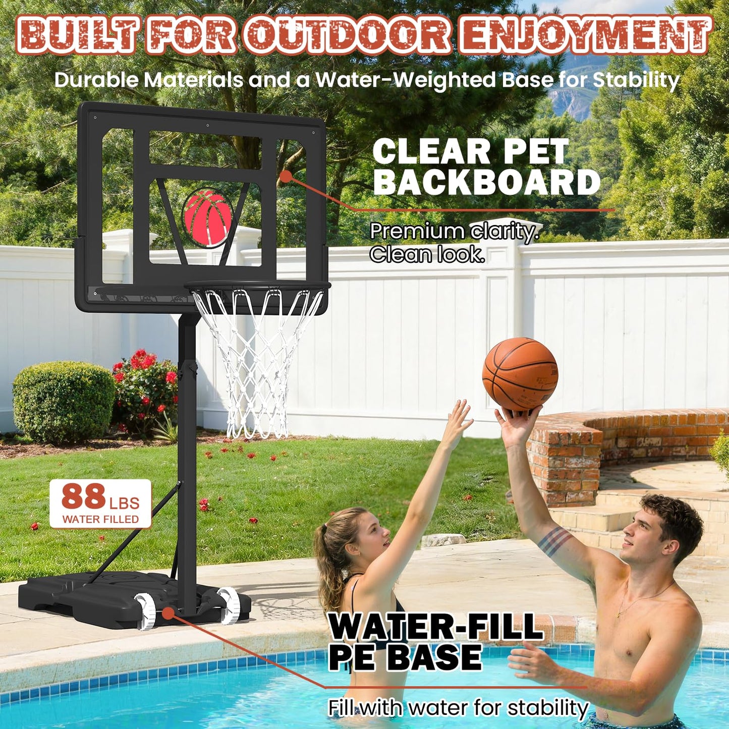 Danrelax 32“x23” Pool Basketball Hoop, 3.1FT-4.1FT Height Adjustable Poolside Basketball Hoop,Include Air Pump,Basketball, Made for Teens, Adults, Black