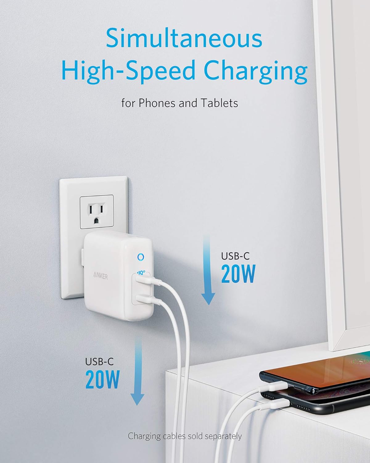 Anker 40W 2-Port 3.0, 15/15 Plus/15 Pro/15 Max/14, USB C Charger, PIQ PowerPort III Duo Type C Foldable Fast Charger