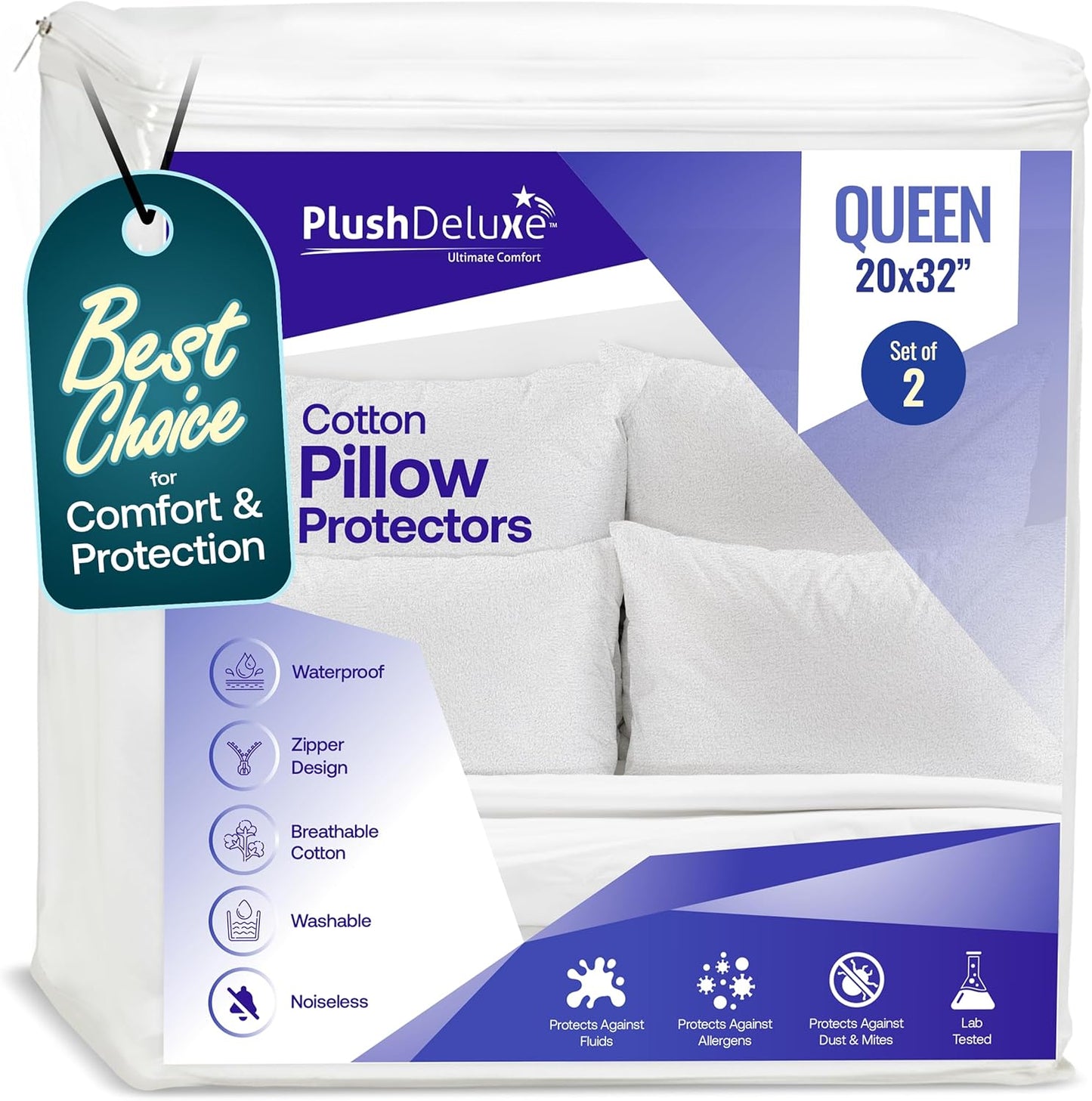 PlushDeluxe Pillow Protectors - Waterproof & Hypoallergenic Encasements | Queen Size 20”x32”, Set of 2