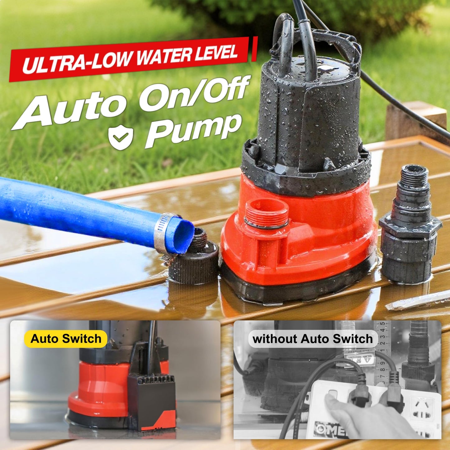 MEDAS Automatic Submersible Pump 1/3HP 2450GPH Sump Pump, Auto On/Off with Smart Sensor, Drains to 0.04", Portable Utility Water Pump for Basement, Pool, Garden Pond