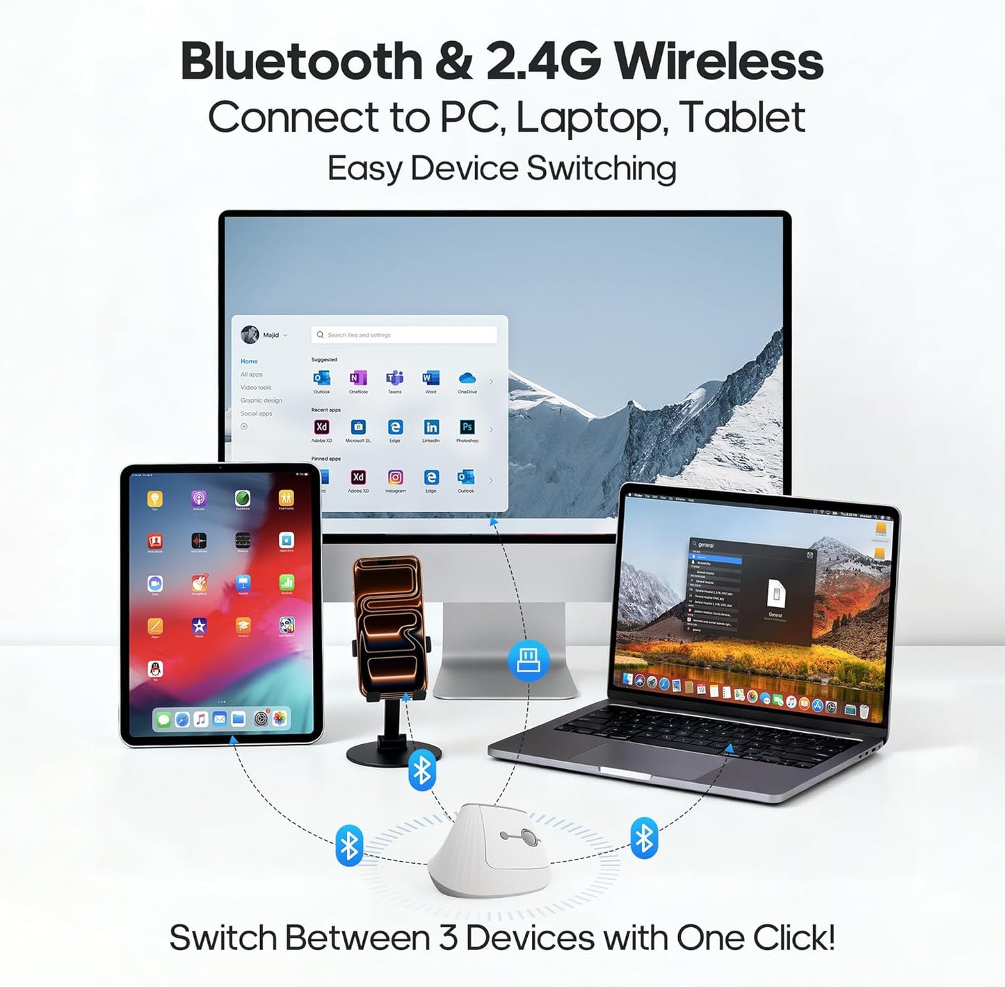 FOPATO 5.0 2.4G Click,60% Pressure,3 Ergonomic Vertical Mouse,Wireless Bluetooth and Mouse,Silent Reduced Wrist