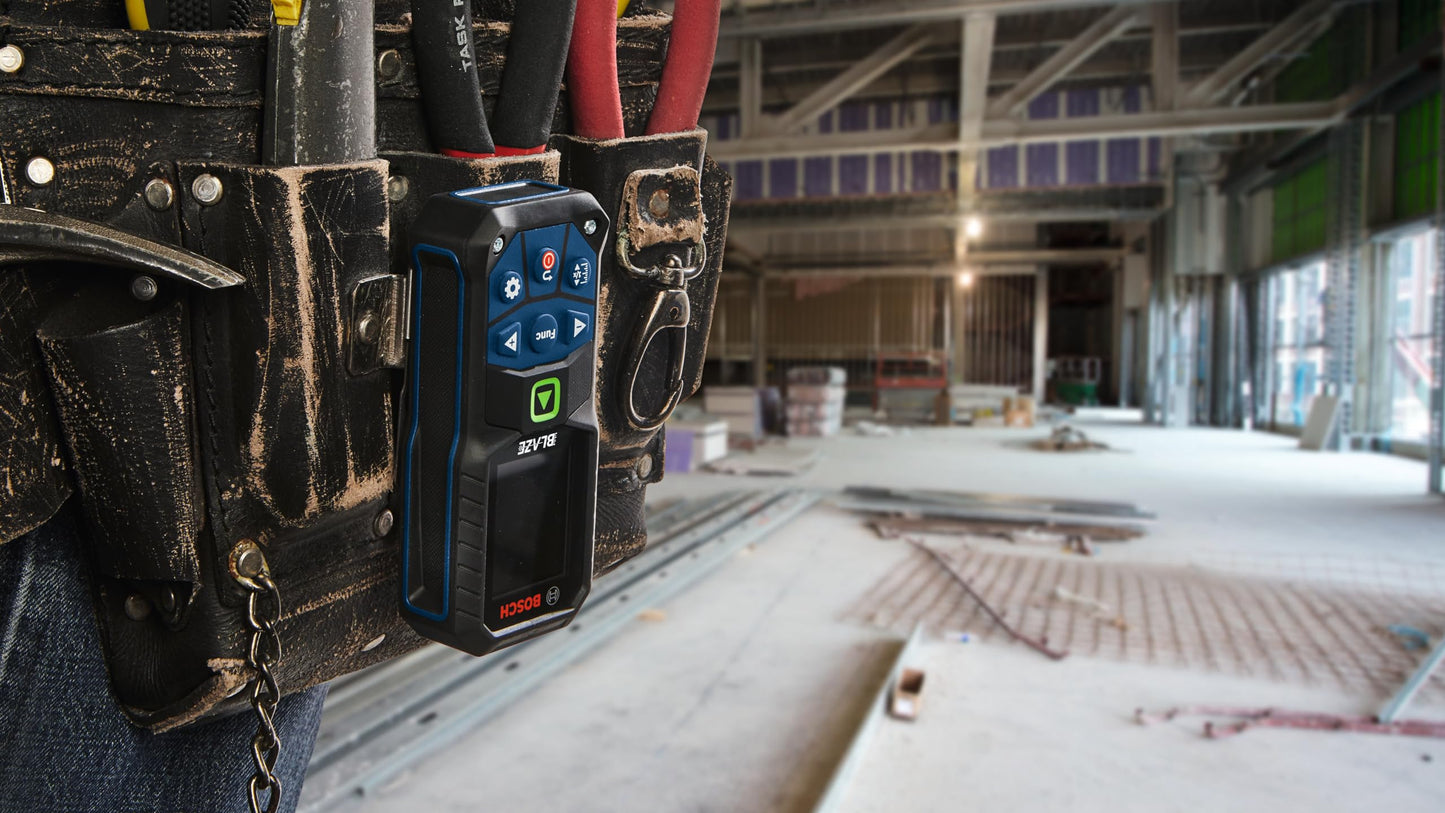 BOSCH GLM165-27CGL 165 Ft Blaze Green-Beam Laser Distance Measure with 3.7V Lithium-Ion 1.0 Ah Battery, Includes 1.0 Ah 3.7V Lithium-Ion Battery, Belt Clip, & Pouch
