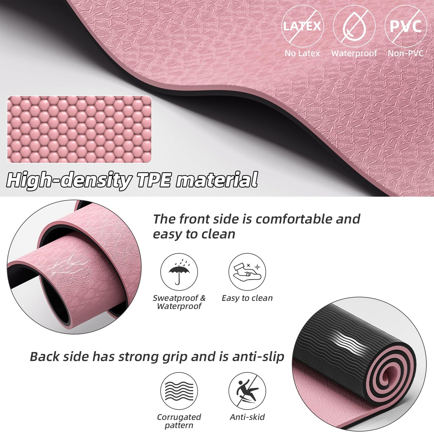 WUWAN Large Yoga Mat 75"x 40"x10mm (2/5 inch) – Extra Thick & Wide, TPE Fitness Mat, Printed Non-Slip Exercise Mat with Carrying Strap for Men & Women, Pilates, Stretching, Fitness & Workout (pink/black)