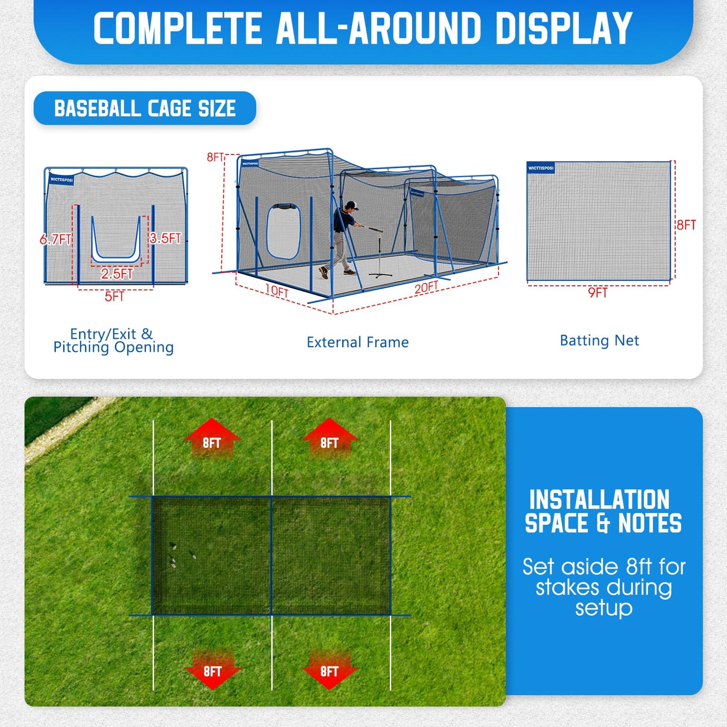 20ftx10ftx8ft Baseball Softball Cage with Hitting Net,Dual Sided 7-Ply Netting for Batting/Pitching/Fielding,Heavy-Duty Metal Frame and Windproof Ropes for Backyard Outdoor Indoor