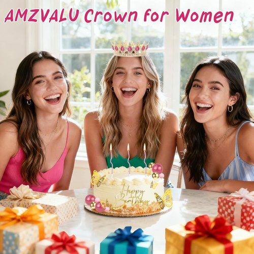 AMZVALU Crown Cake Topper - Rose Pink Happy Birthday Decoration with 3D Butterflies & Candles | Ideal for Princess Parties