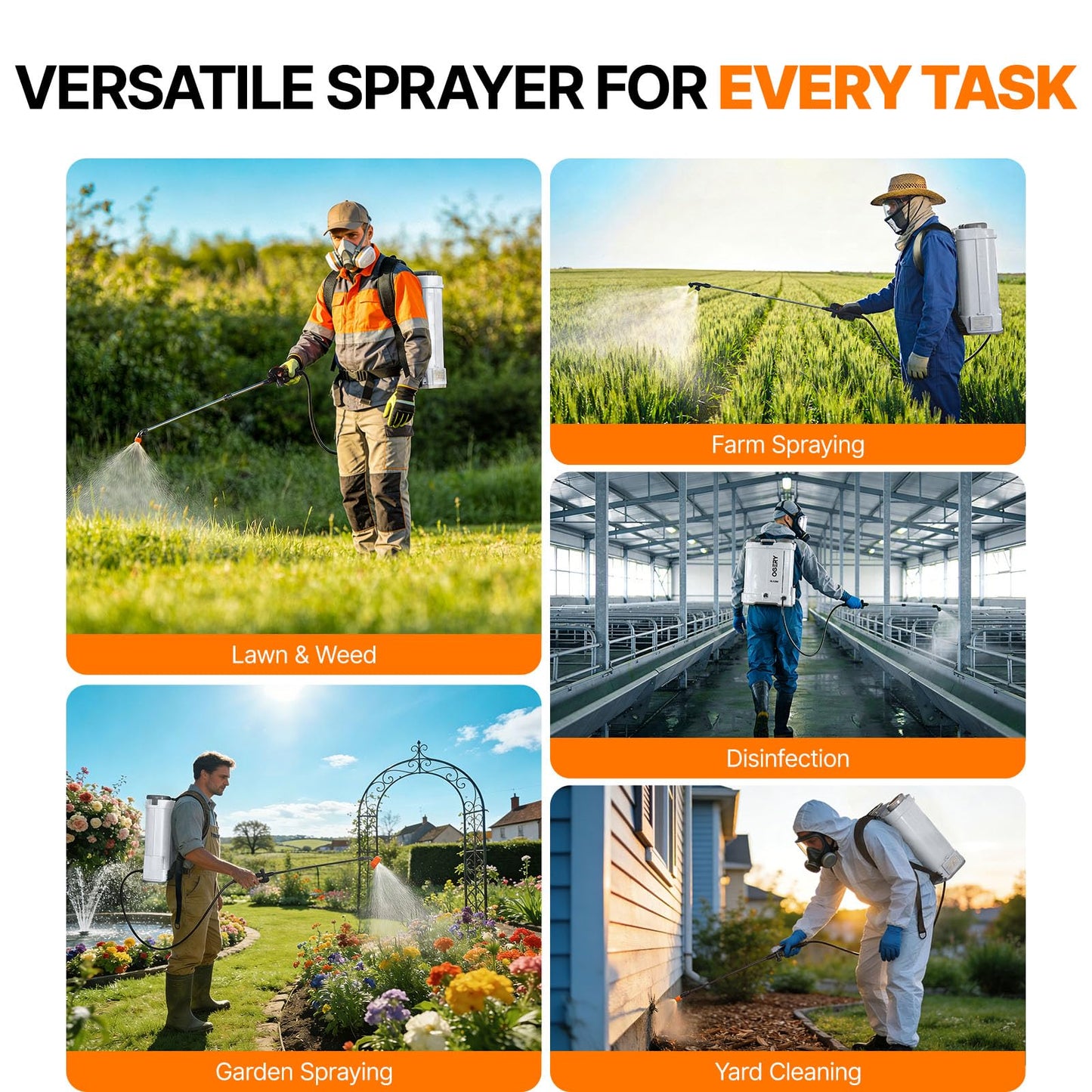 OGERY Battery Powered Backpack Sprayer 4 Gallon, 2.6Ah 21V Battery Electric Pump Sprayer with 6 Nozzles, Telescopic Stainless Steel + Plastic Wand for Lawn Garden Weed Yard Cleaning (Charger Included)