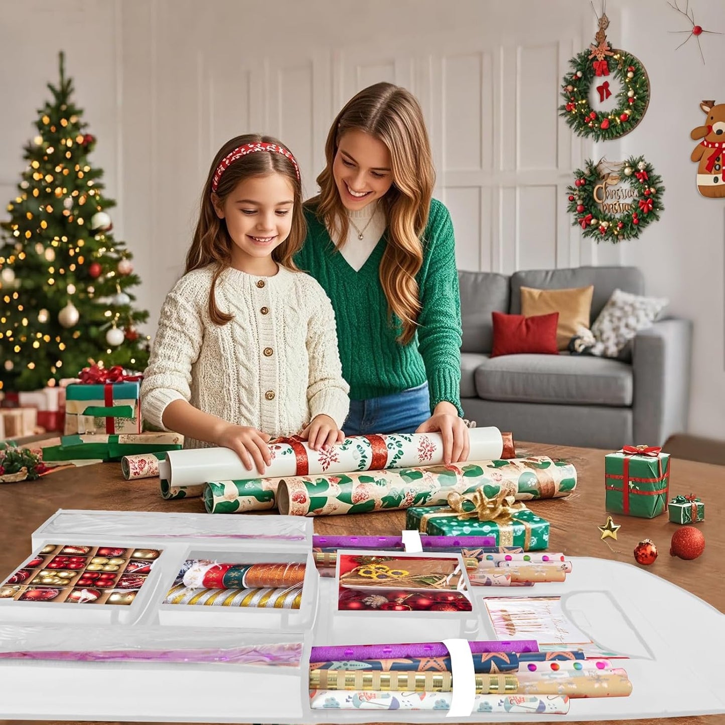 Woodoulogy Gift Wrapping Paper Storage Bag - 40" X 17" Double-Sided Christmas Organizer | Oxford Craft Roll Holder