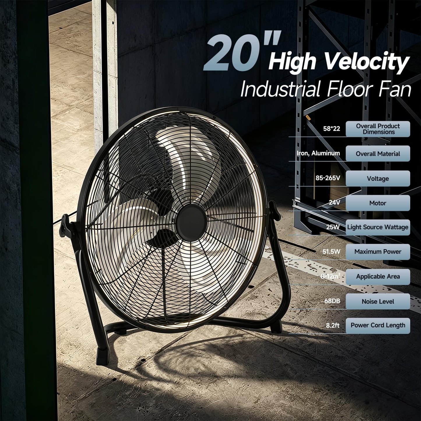 AHAWILL 20" High Velocity Metal 6-Speed Floor Fan,Plug-in 3CCT Industrial Fan with Light & Back Panel Buttons,360° Tilt & Reversible,Wall Mountable,Anti-Vibration for Garage,Warehouse,Shop,Gym