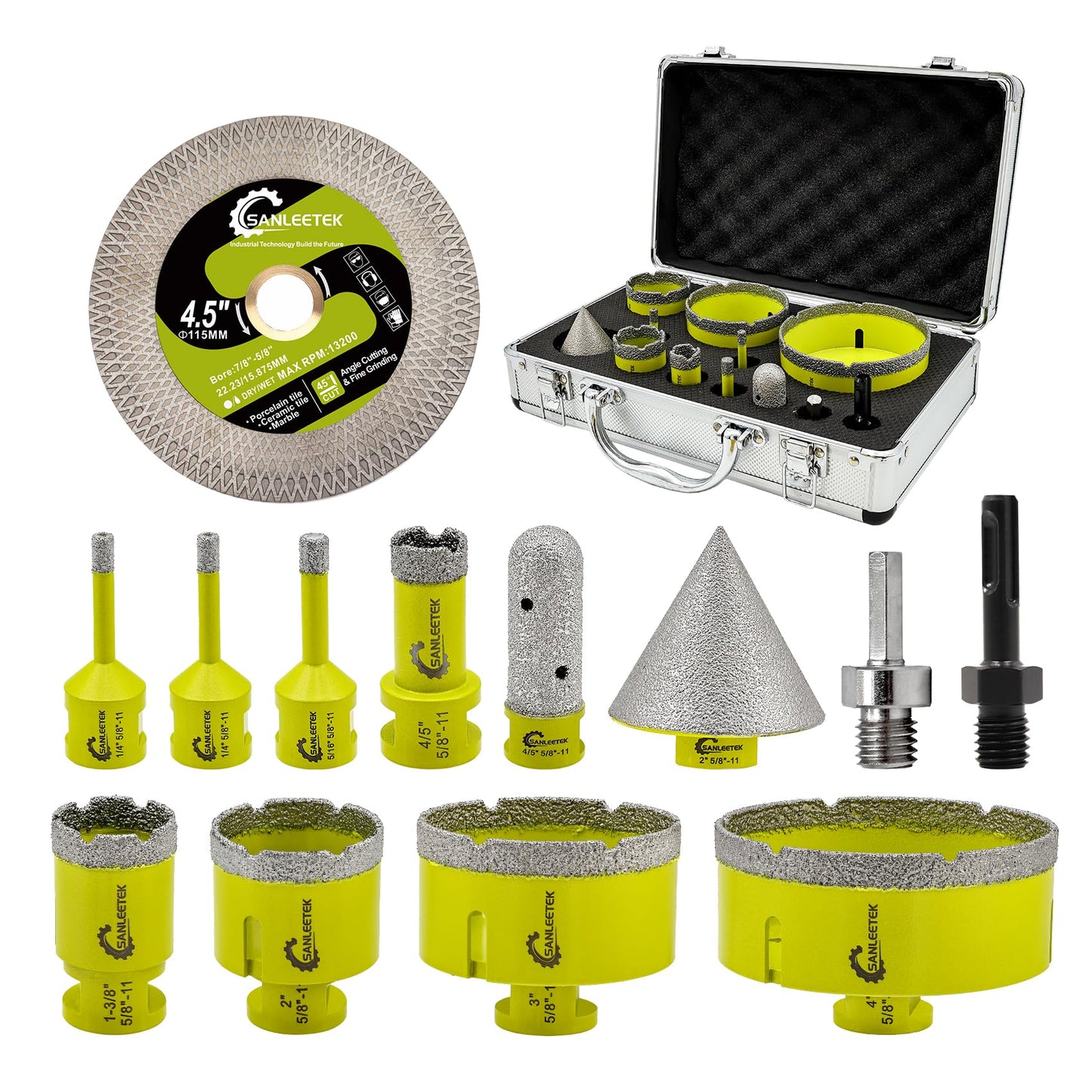 Tile Hole Saw Kit - Diamond Core Drill Bits Set SANLEETEK for Porcelain Tile Ceramic Marble 6/6/8/20/35/50/75/100MM+4/5'' Finger Bit+2" Chamfer Bit+4.5" Saw Blade+SDS/HEX, 13pcs