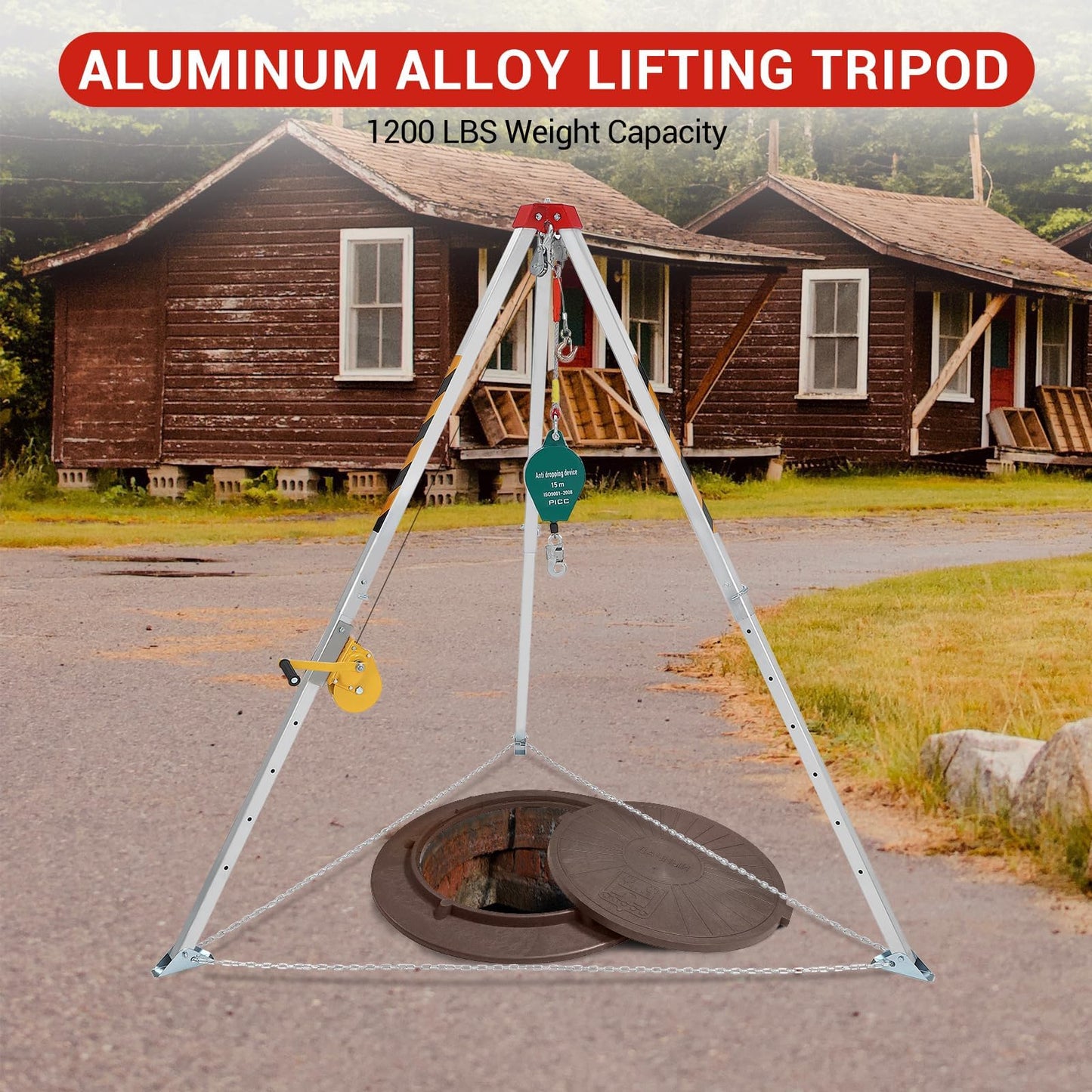 Confined Space Tripod Kit with 1200 lbs Winch, Adjustable Legs & Safety Self-Locking Device, 49.2 ft Cable, Transit Level Kit with Tripod, Deer Tripod Hoist for Sewer, Well & Rescue Use