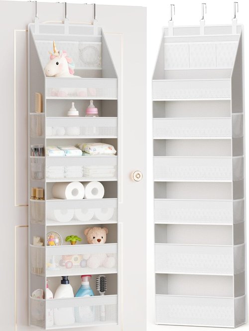 Criusia Over The Door Organizer - Heavy-Duty 6-Shelf Storage with 13 Mesh Pockets | 55lbs Capacity, White
