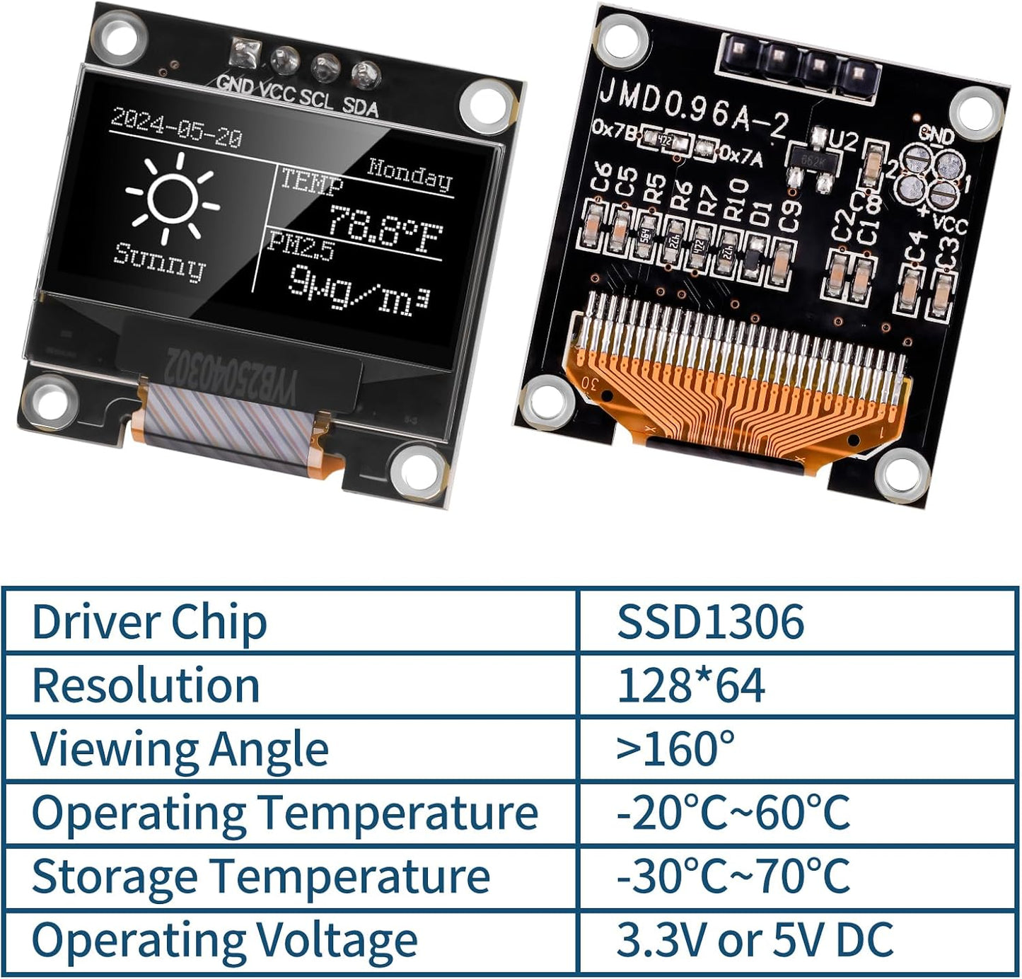 YELUFT 5pcs 0.96 Inch I2C 12864 128x64 SSD1306 Pi/ESP32 Pre-Soldered IIC OLED Display Module Pixel Driver Self-Luminous