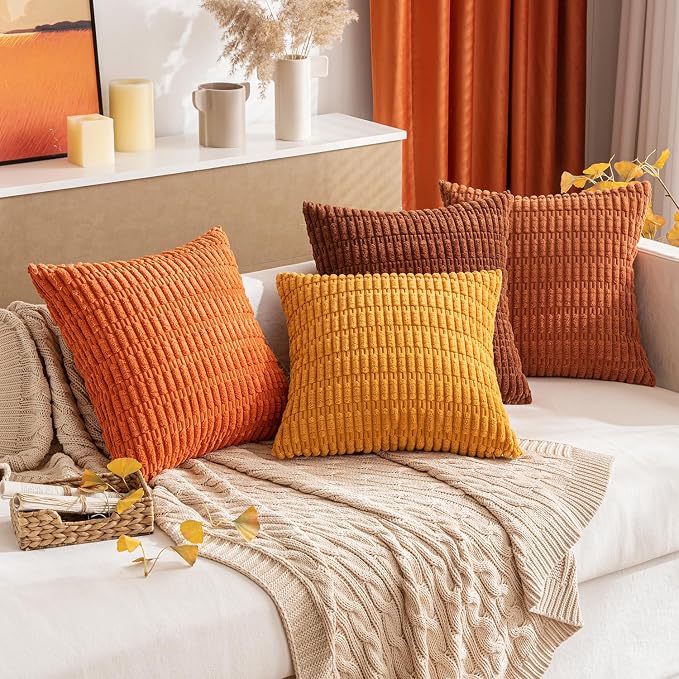 MIULEE Pack of 2 Burnt Orange Corduroy Decorative Pillow Covers 18x18 Inch Soft Boho Striped Throw Pillow Covers Modern Farmhouse Home Decor for Summer Sofa Living Room Couch Bed