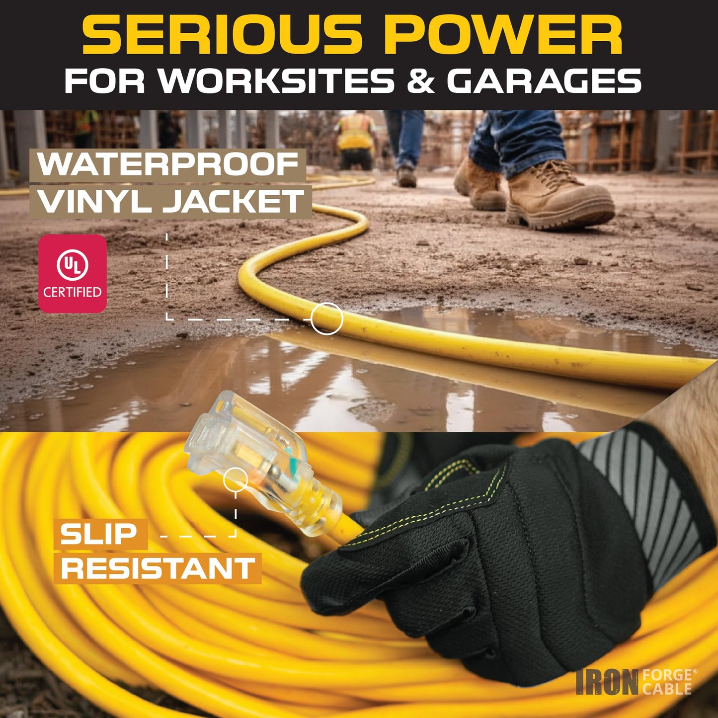 Iron Forge Cable 200 Foot Lighted Outdoor Extension Cord - 12/3 SJTW Heavy Duty Yellow Extension Cable with 3 Prong 15 AMP Grounded Plug for Safety
