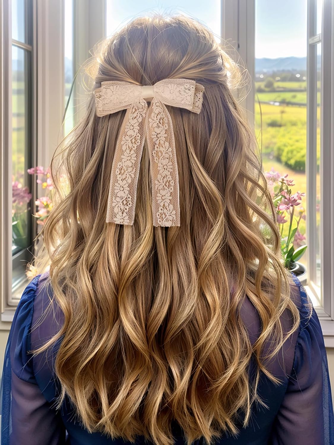 Skiennix White Lace Tulle Hair Bows - Long Tail Ribbons & Tassel Barrettes for Women
