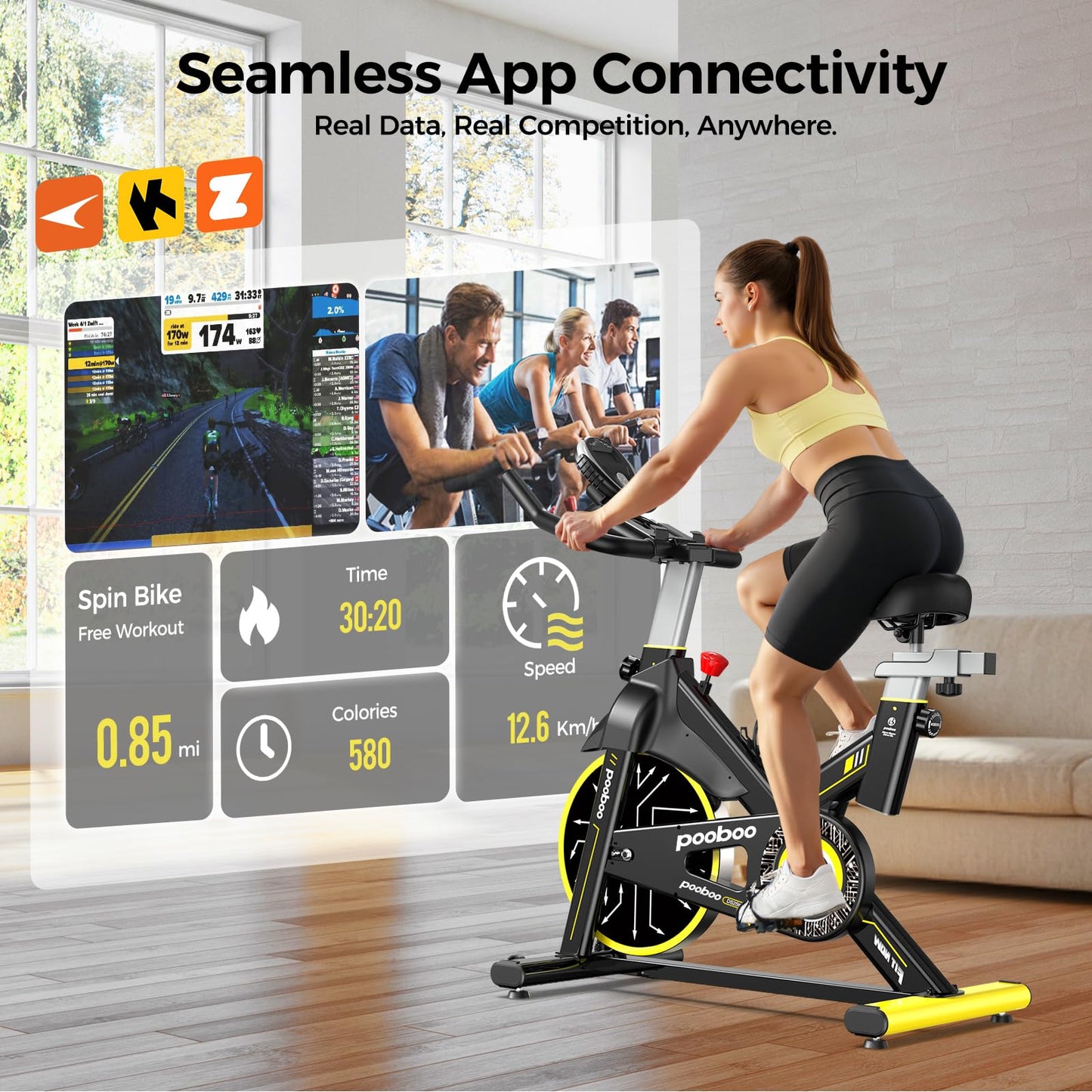 pooboo Exercise Bike,Stationary Bike for Home with Exclusive App,Magnetic Indoor Cycling Bike with 350 lb Weight Capacity,Tablet Mount and for Weight Loss