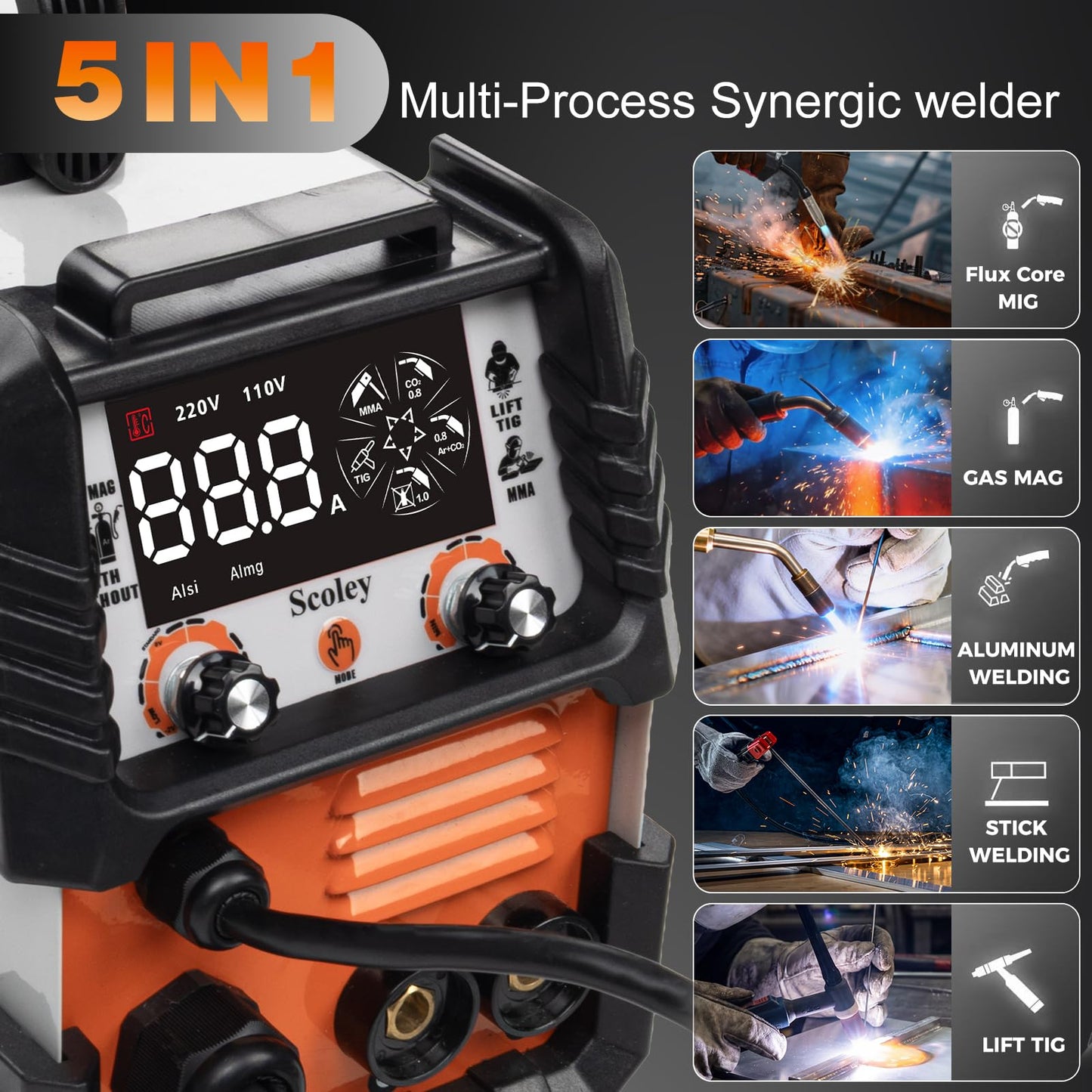 Scoley 5-in-1 MIG Welder 110V/220V, 180A Aluminum Welder/Gas MIG/Flux Core Welder/Lift TIG/Stick Welding Machine with IGBT Inverter Synergic Control, Large Digital Display, Welding Gloves & Mask