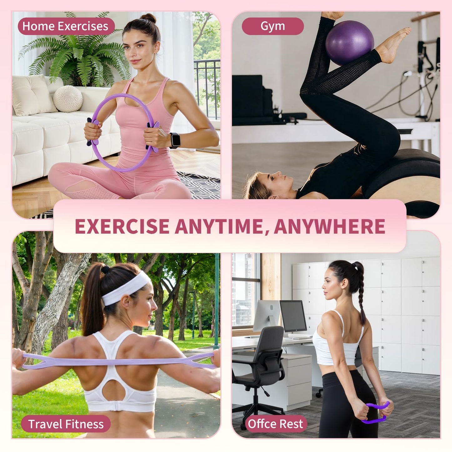 FITOUNOS Pilates Ring Set for Women, Home Workout Pilates Equipment with Resistance Bands, 14'' Magic Circle, Mini Ball, Pilates Starter Kit for Strength (Purple)