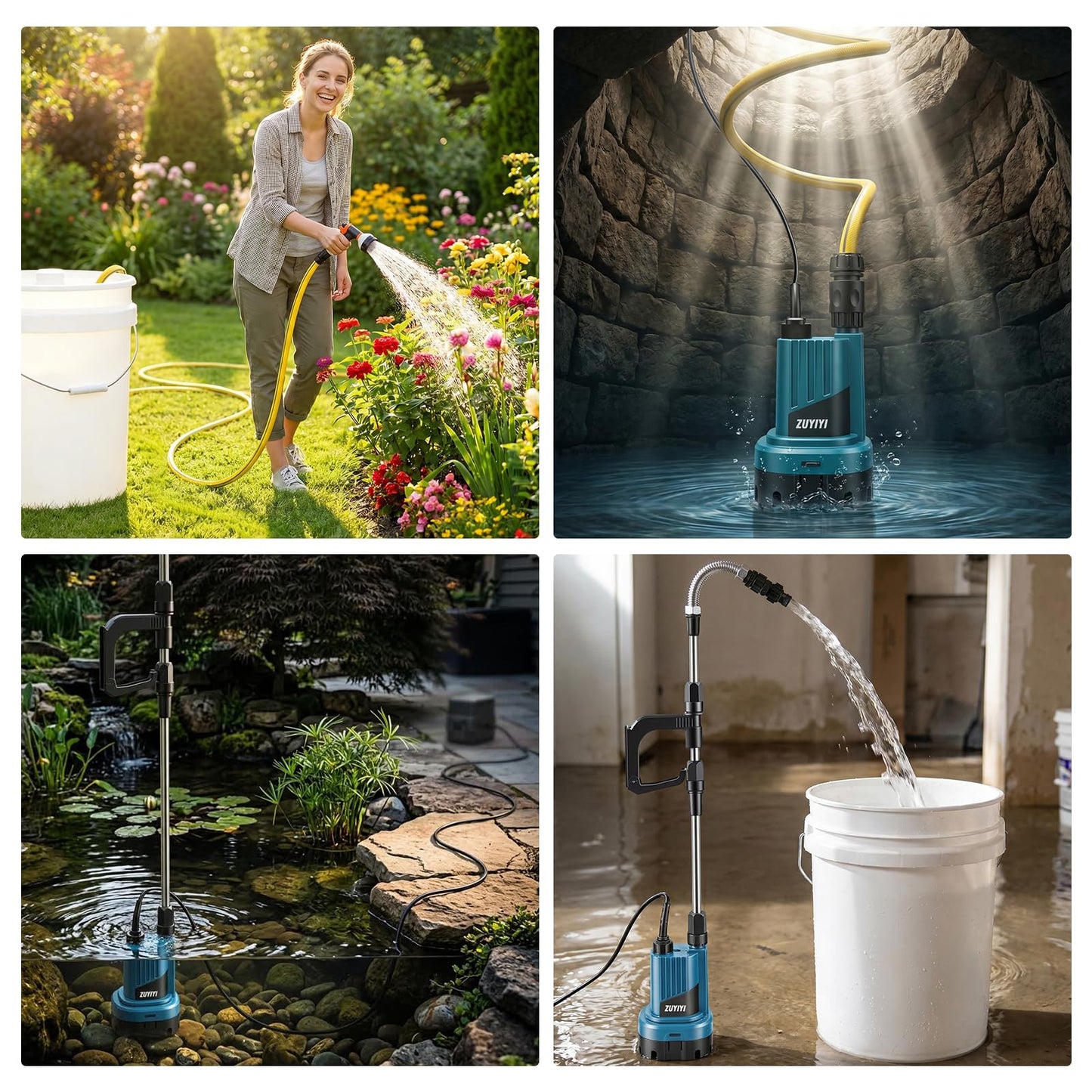 ZUYIYI 2-in-1 Cordless Submersible/Stick Water Transfer Pump for Makita 18V Battery (NOT Included), 713GPH, 66Ft Lift Portable Sump Pump, Electric Utility Pump for Pool, Pond, Garden, Basement